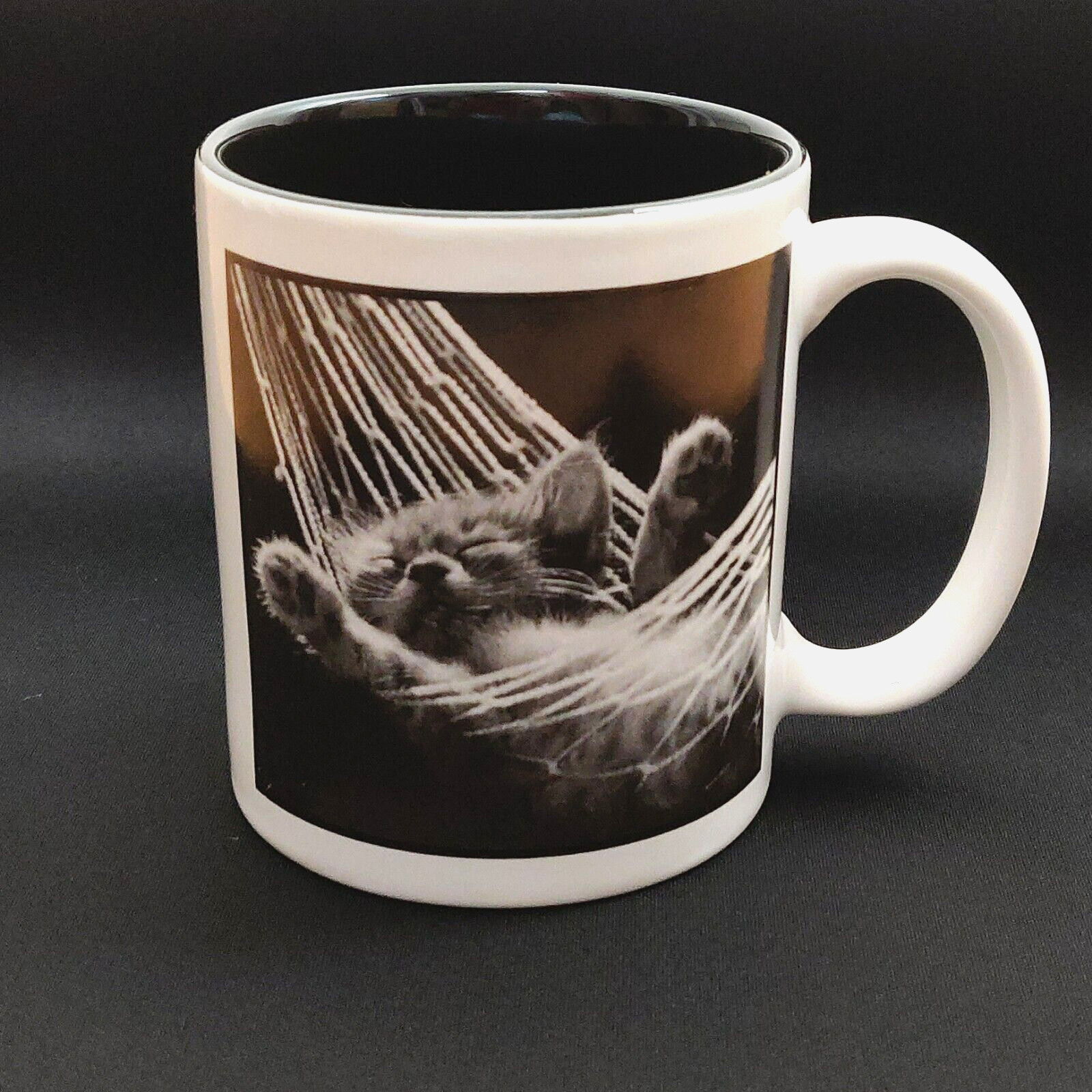 Vintage 1997 Cat Nap in Hammock Coffee Mug Cup David McEnery Black & White Photo