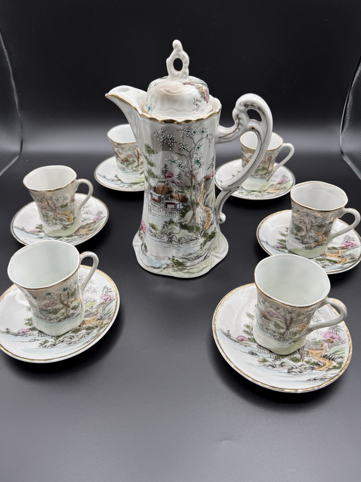 Antique Nippon Hand Painted Chocolate Pot Set Moriage Cups & Saucers 14 pieces