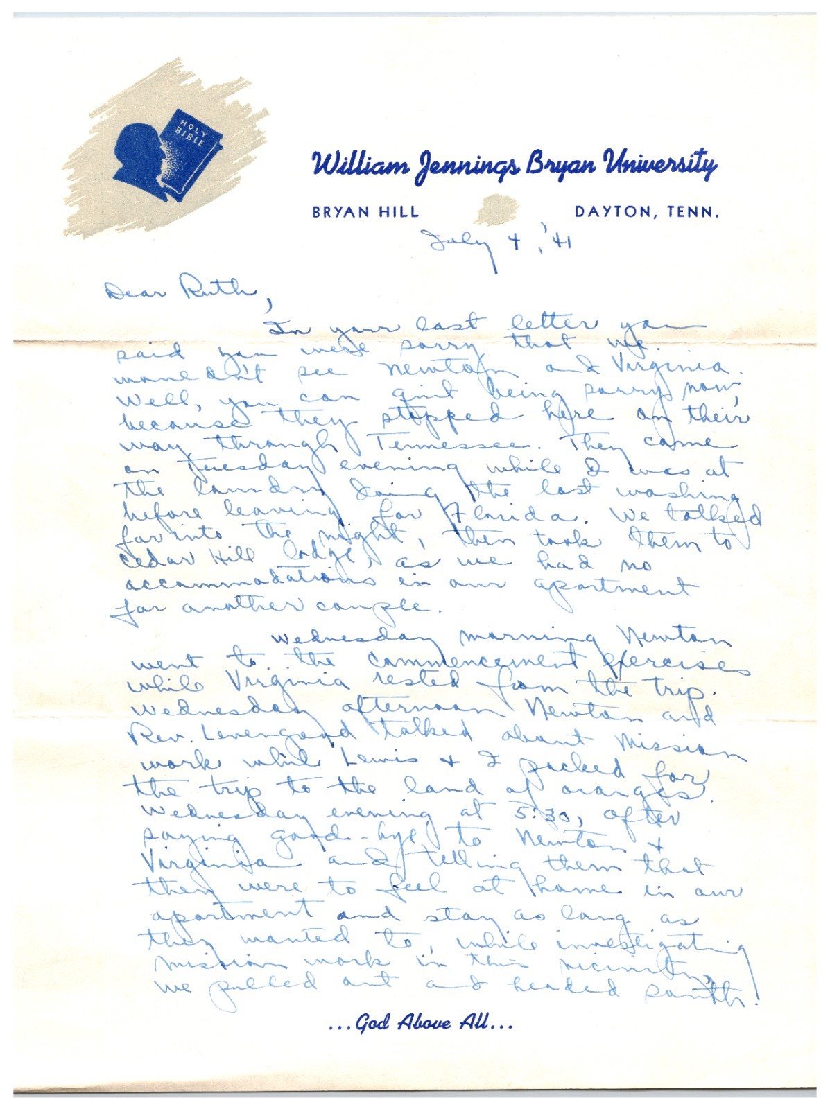 Vintage Original July 1941 William Jennings Bryan University Letter (3 Pages)
