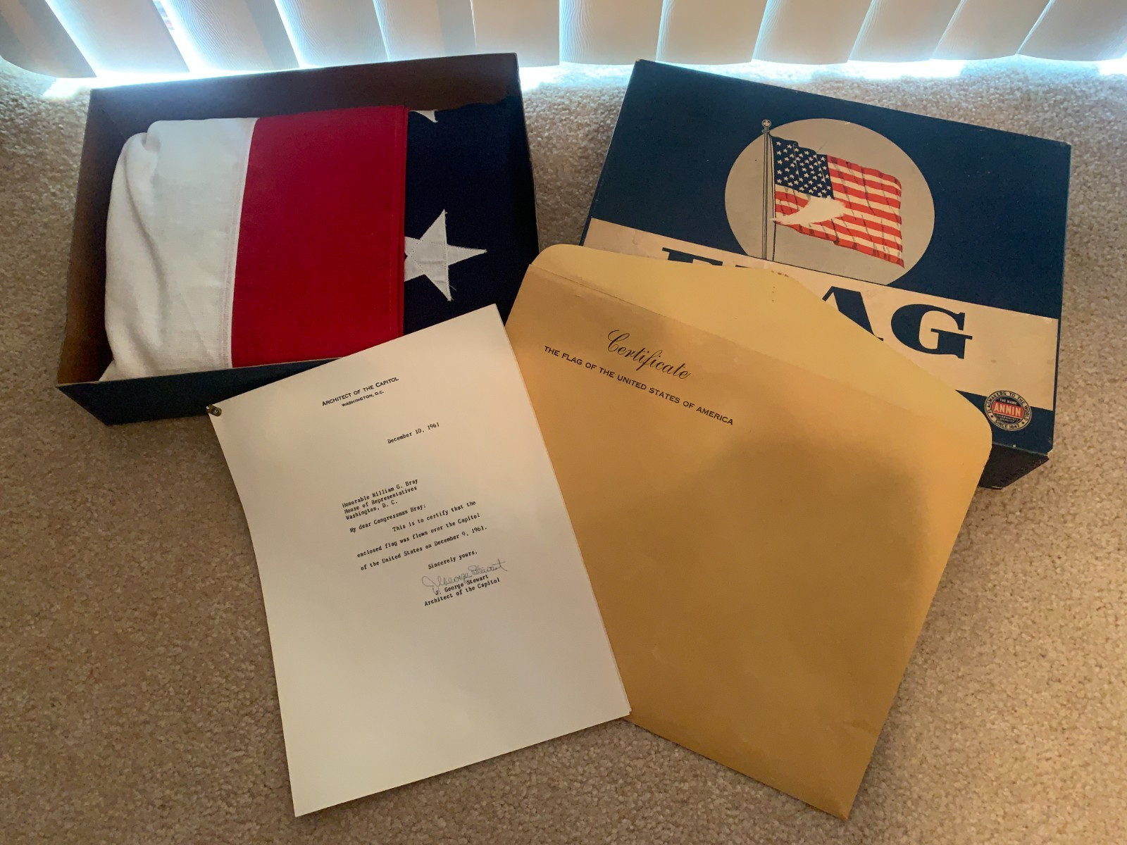 5x8 United States Flag Flown Dec 9 1961 US Capitol J George Stewart Signed Paper