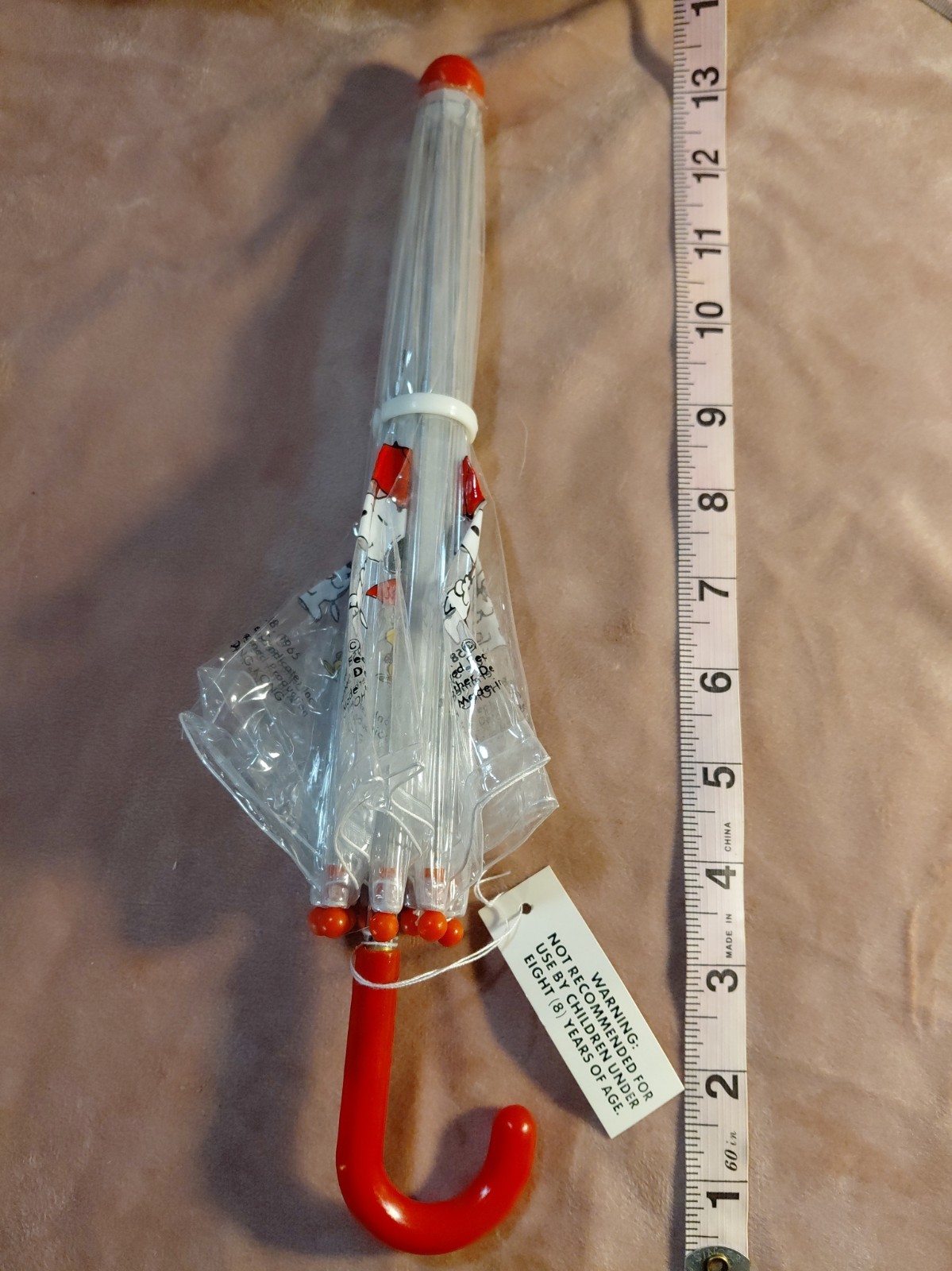 Vintage 1960s Snoopy Peanuts Clear Child Umbrella NOS w/ Tag Red Handle