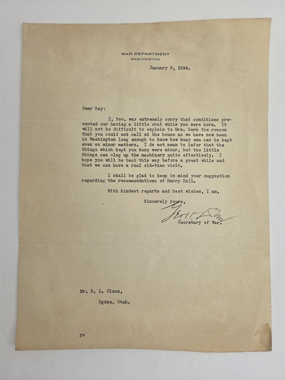 1934 antique WAR DEPARTMENT LETTER Secretary of War GEORGE DERN signed Ogden ut