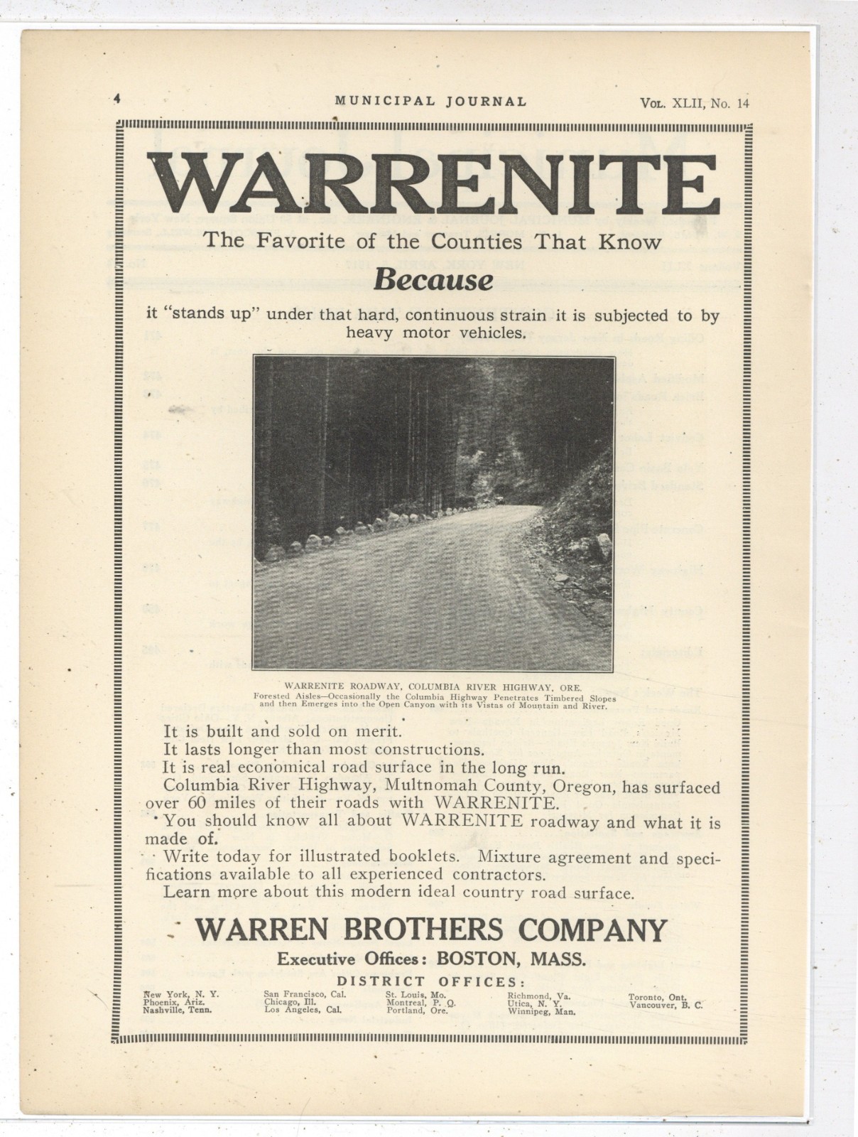 1917 Warren Brothers of Boston Ad: Columbia River Highway, Oregon Scene Pictured