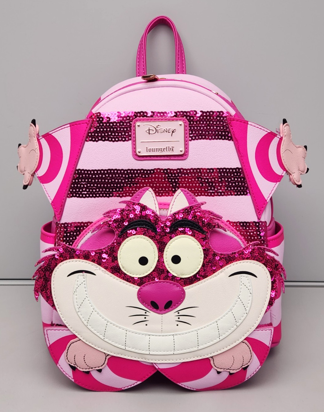 Disney Longefly Alice in Wonderland Cheshire Cat Pink Sequin Backpack New No Tag