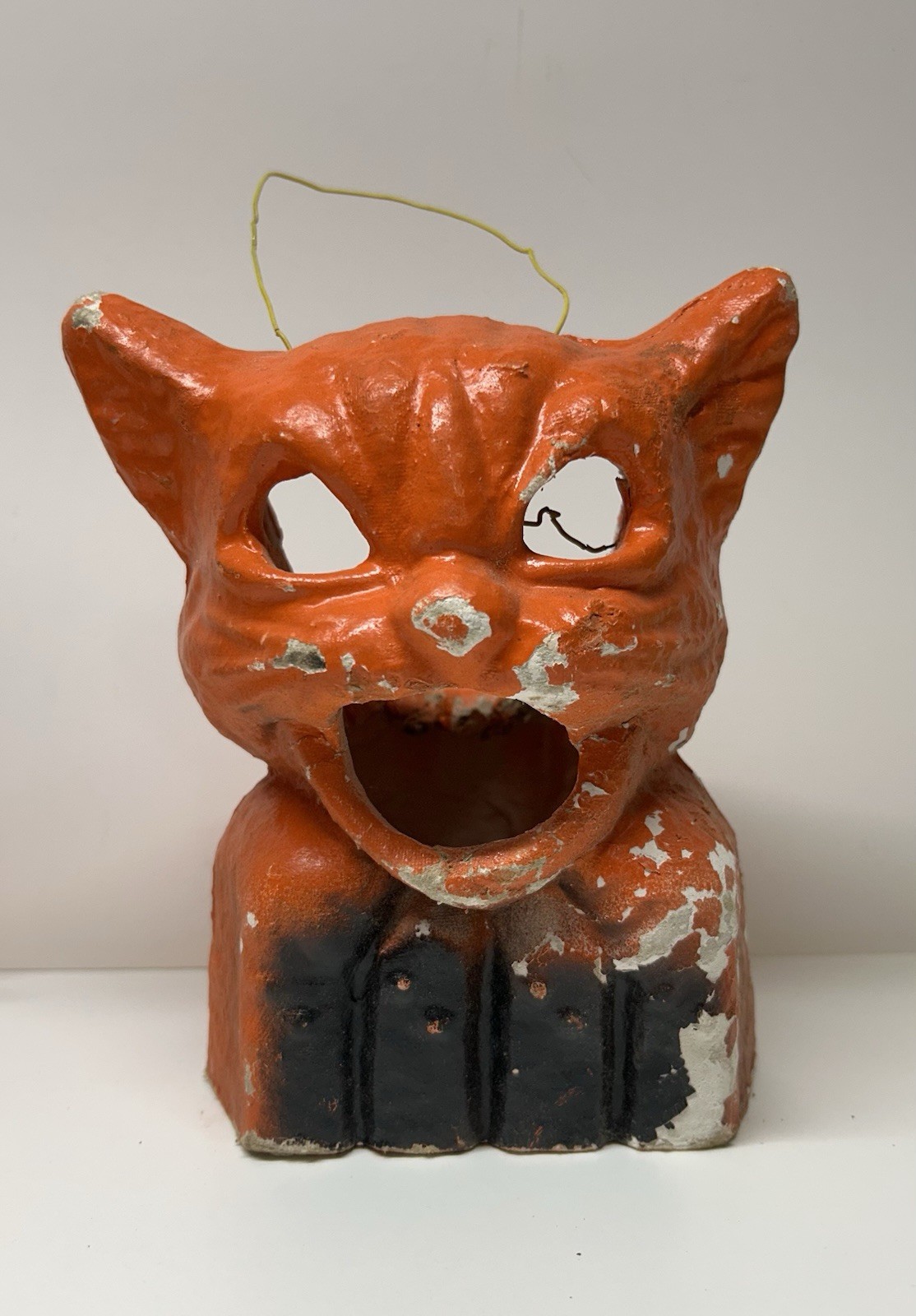 Vintage 1930’s-40’s Halloween Paper Mache Orange Cat On Fence Jack O Lantern