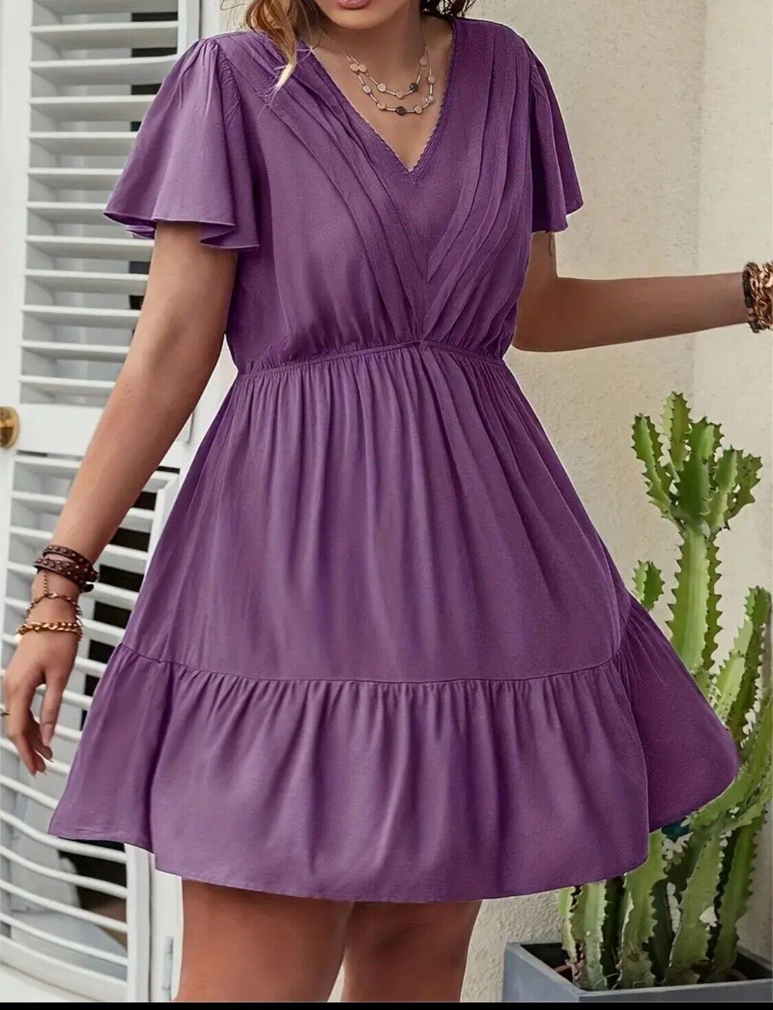 Boho Style 1XL Dress, Women\'s Plus Purple Dress Flutter Sleeves