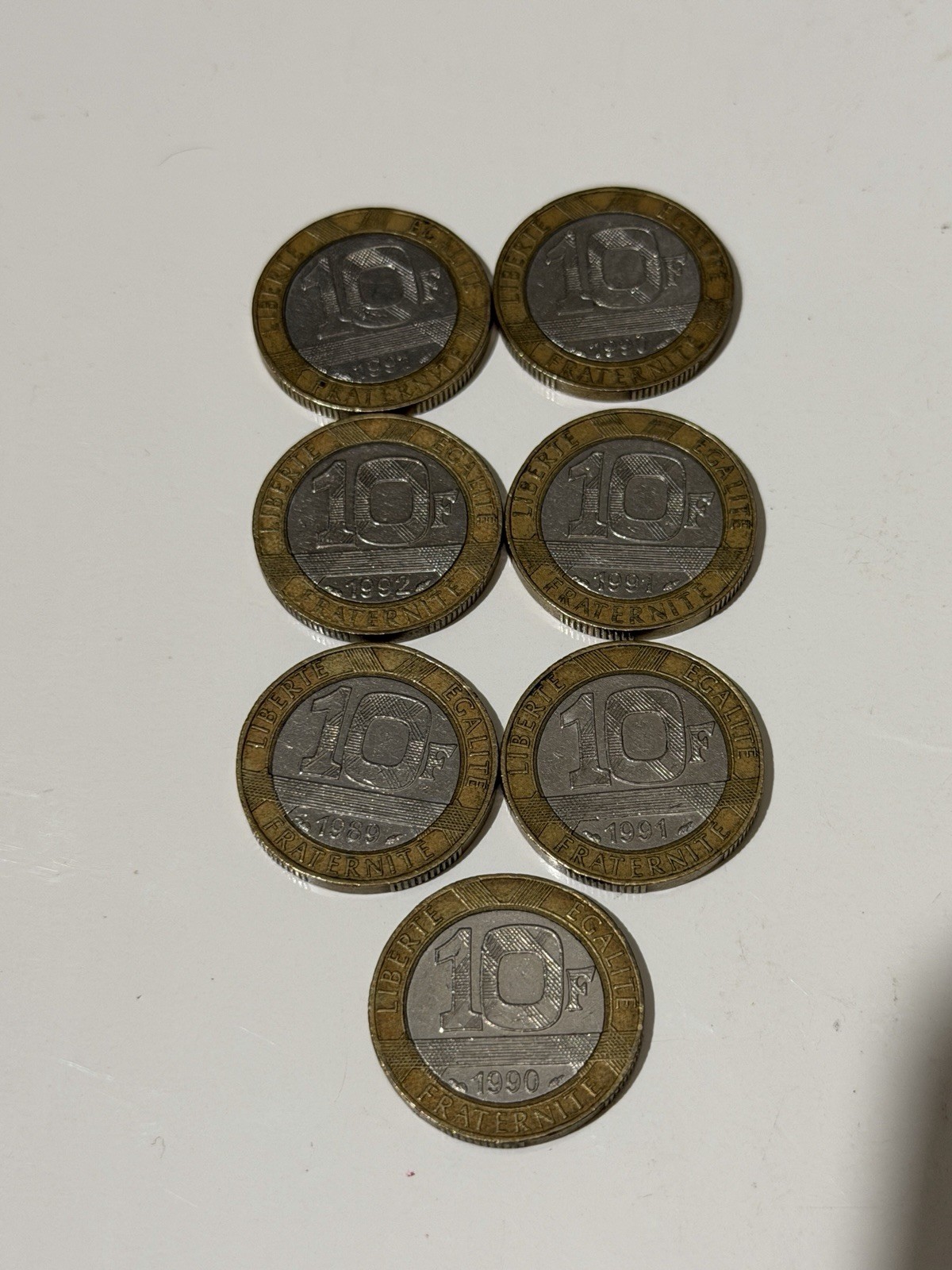 FRANCE 10 FRANCS LOT Of 7 Bi-Metal Pre-Euro Coins 1989-1992