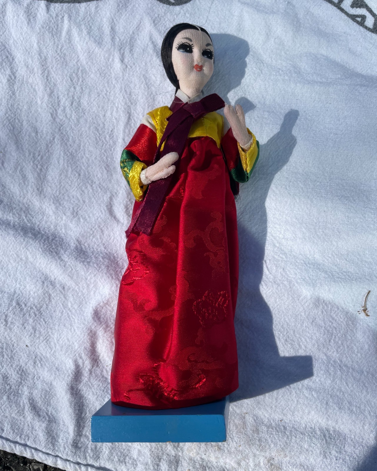 Vintage Korean Cultural Fabric Doll on Wooden Base 8\