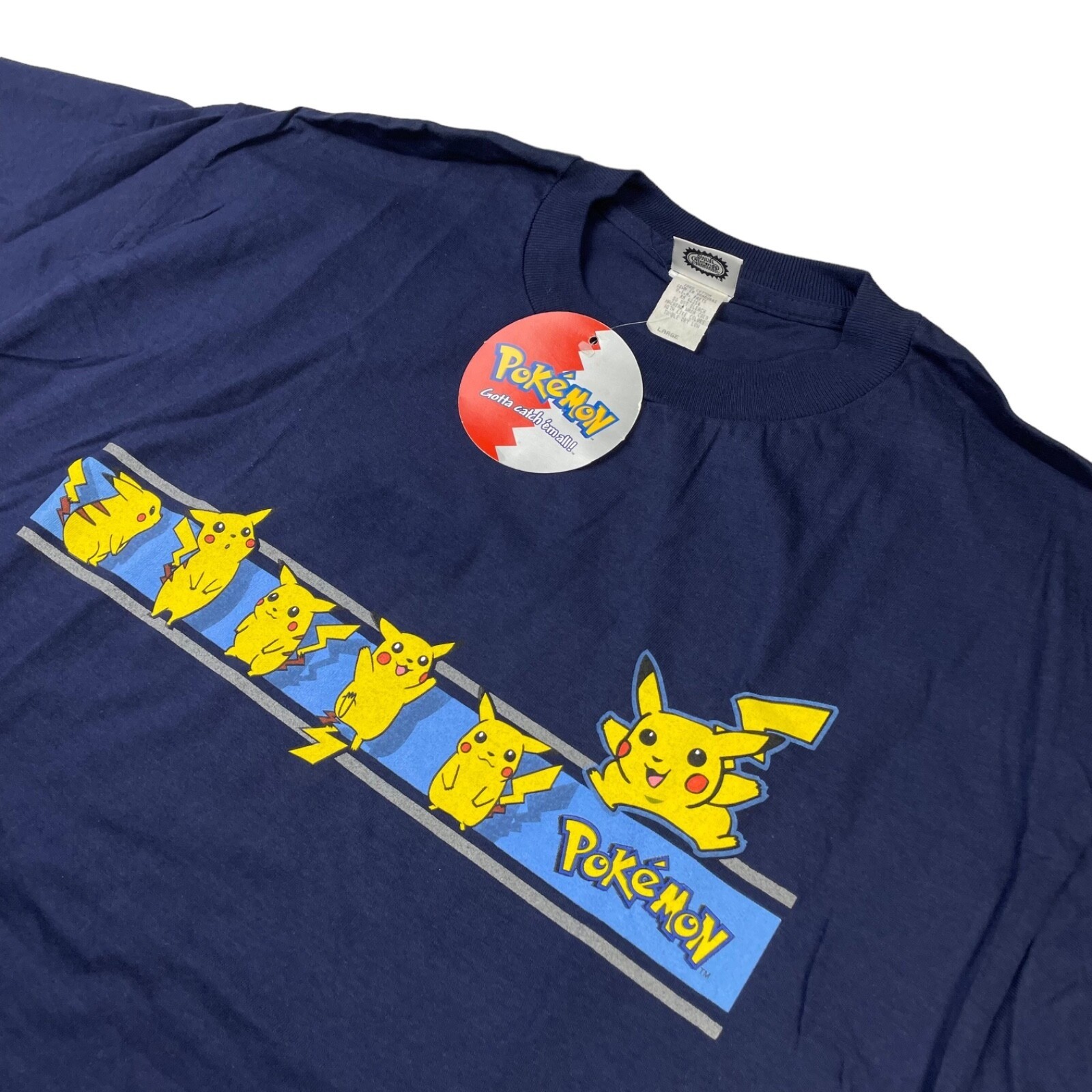 VTG NEW 1999 Pokemon Pikachu Nintendo Men's 100% Cotton S/S T-Shirt Navy • Large