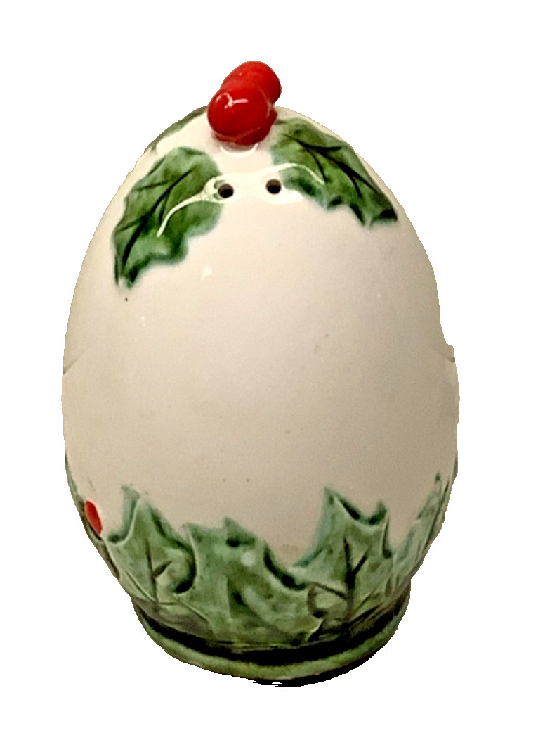 Vintage Lefton Christmas Holly Pepper Shaker #825 white green & red egg
