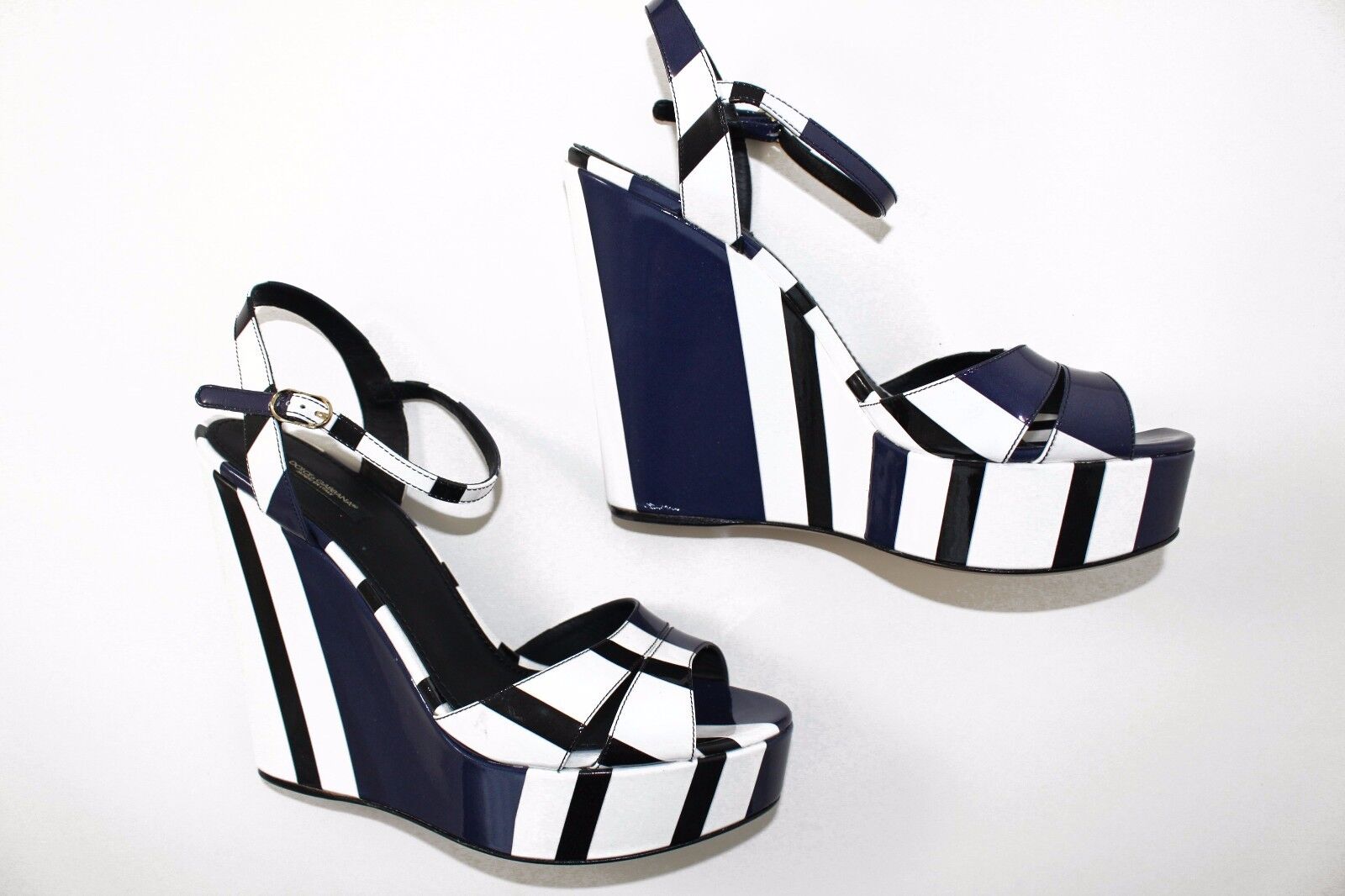 DOLCE & GABBANA BLUE AND WHITE PATENT LEATHER WEDGE SANDALS  EU 41 / US 11