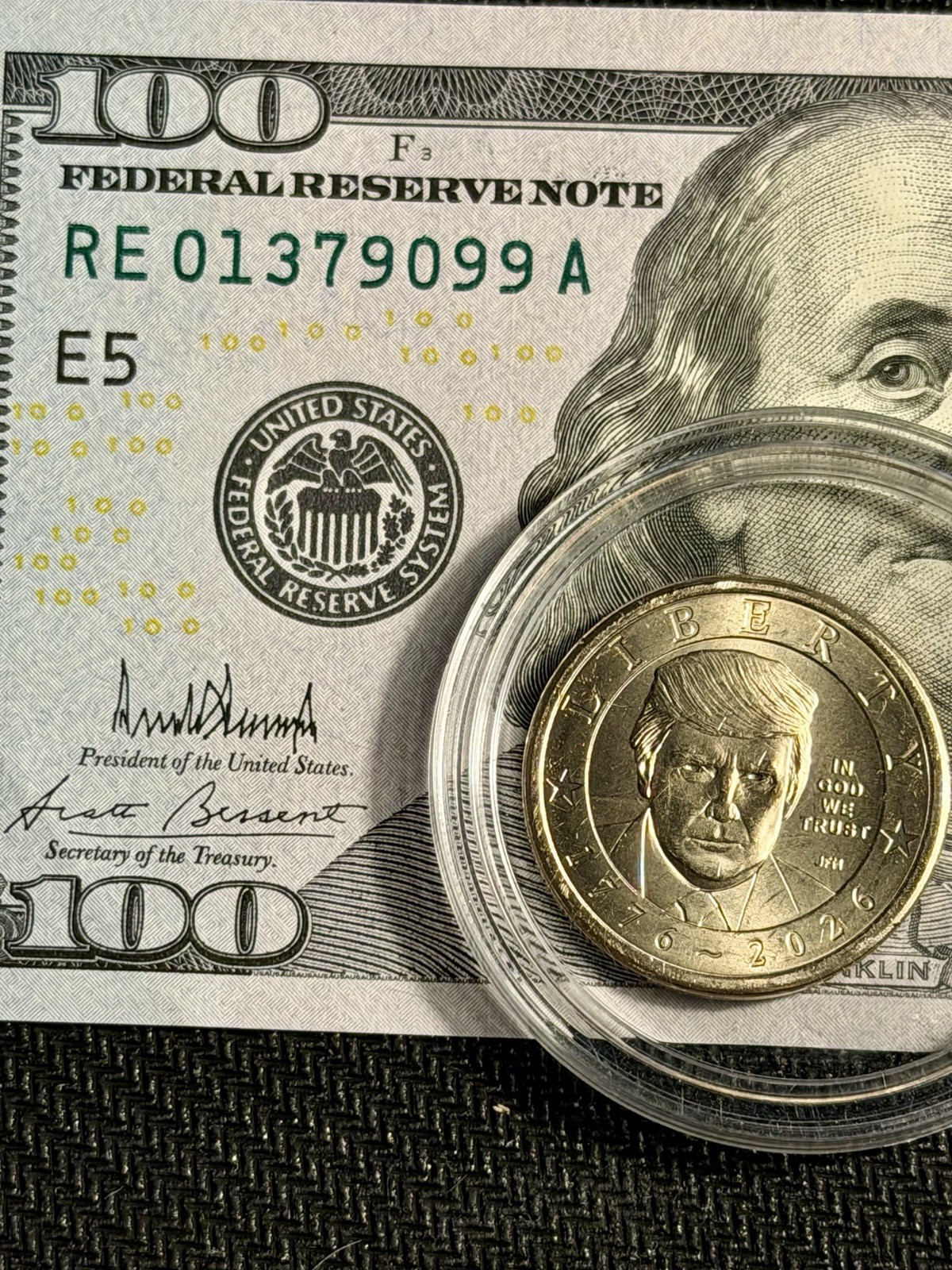 100.00 Bill Signed By Donald Trump And 1.00 Golden Dollar Featuring Donald Trump