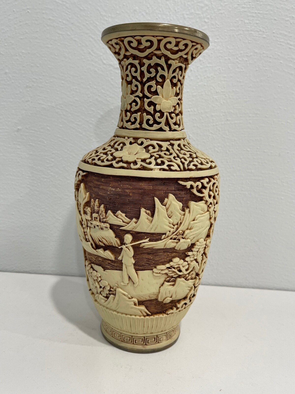 Vintage Chinese White Cinnabar or Resin Vase w/ Figures in Landscape Decoration