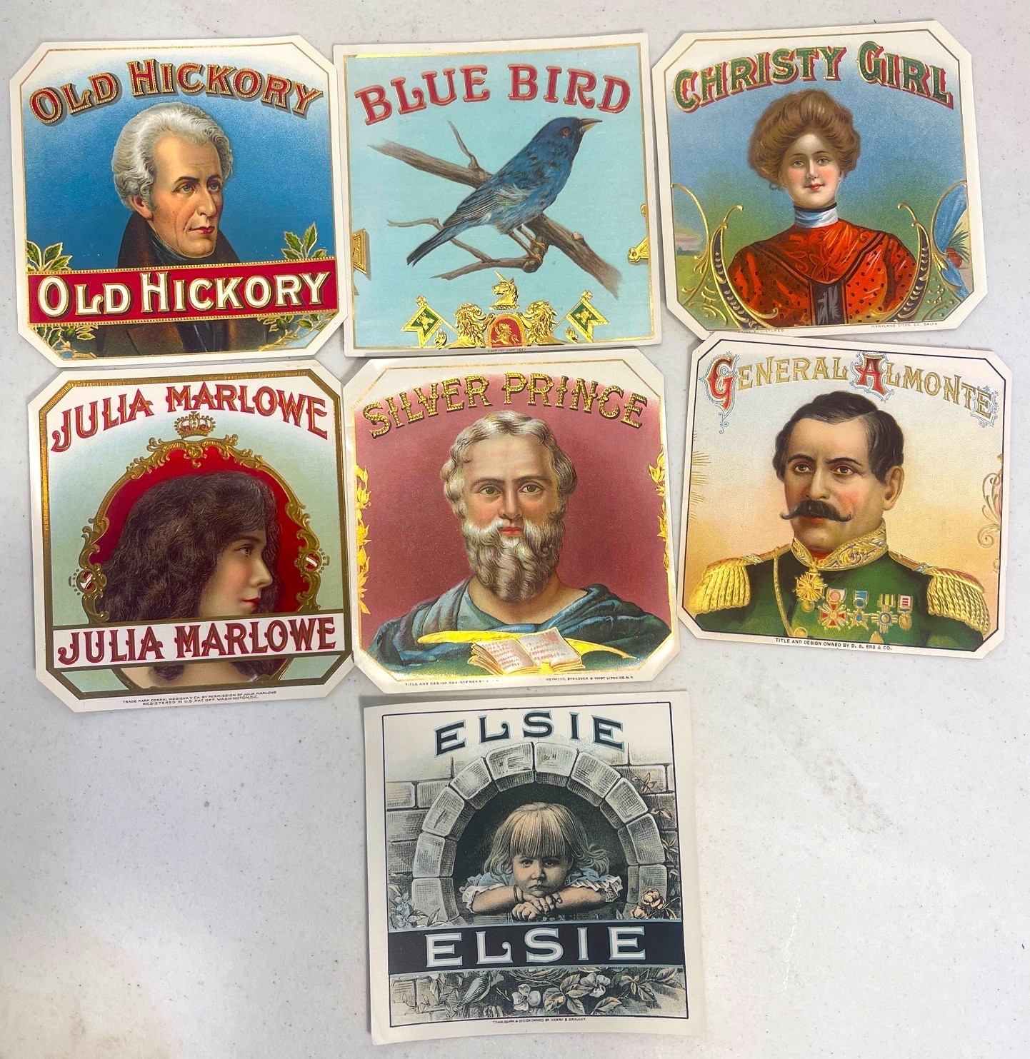 7 Vintage Original Cigar Box Labels Old Hickory Blue Bird Julia Marlowe Elsie A1