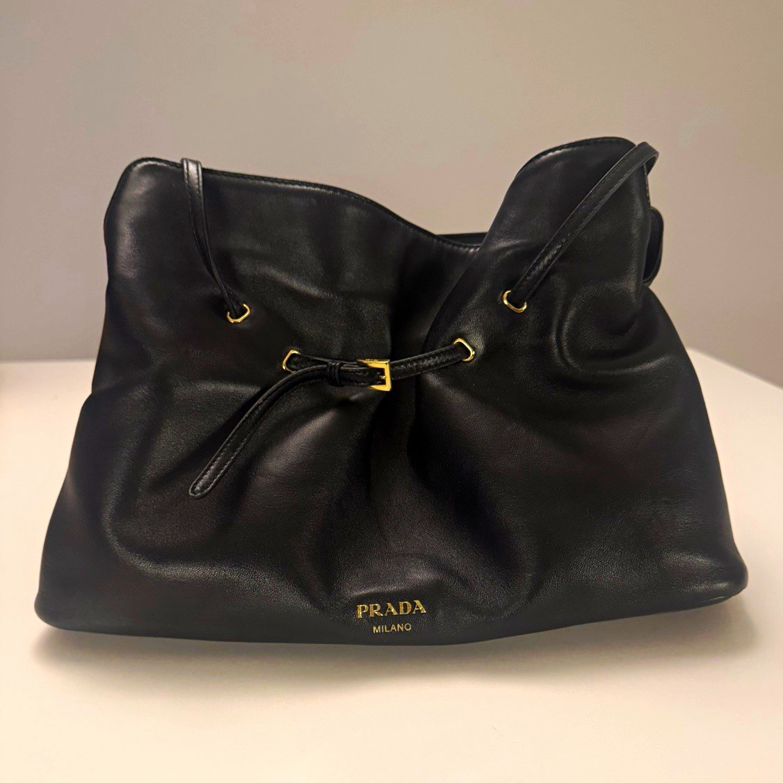 PRADA Dada Black Leather Shoulder Bag Gold Hardware Buckle w/ Dust Bag