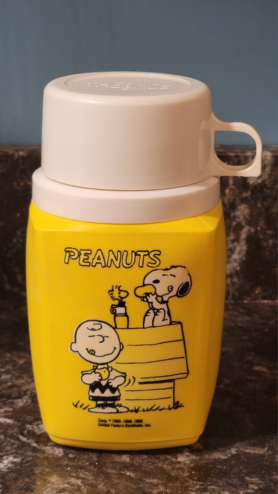 Vintage 1985 Peanuts Yellow Thermos Charlie Brown, Snoopy & Woodstock - Complete