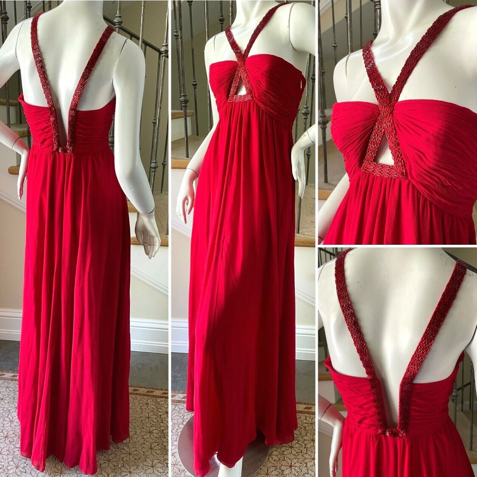 Roberto Cavalli Vintage Red Silk Evening Dress with Keyhole Beaded Details