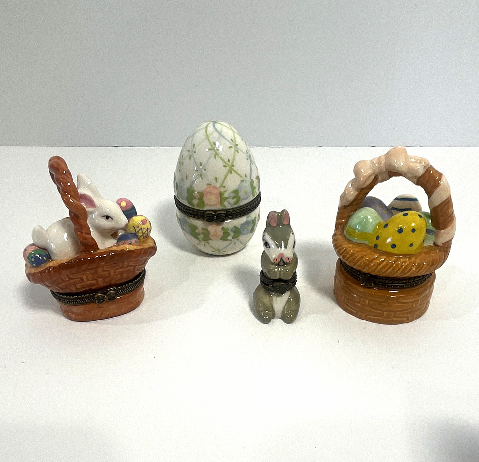 Vintage Set of 4 Easter Bunny & Egg Hinged Trinket Boxes  Designs w/ Boxes
