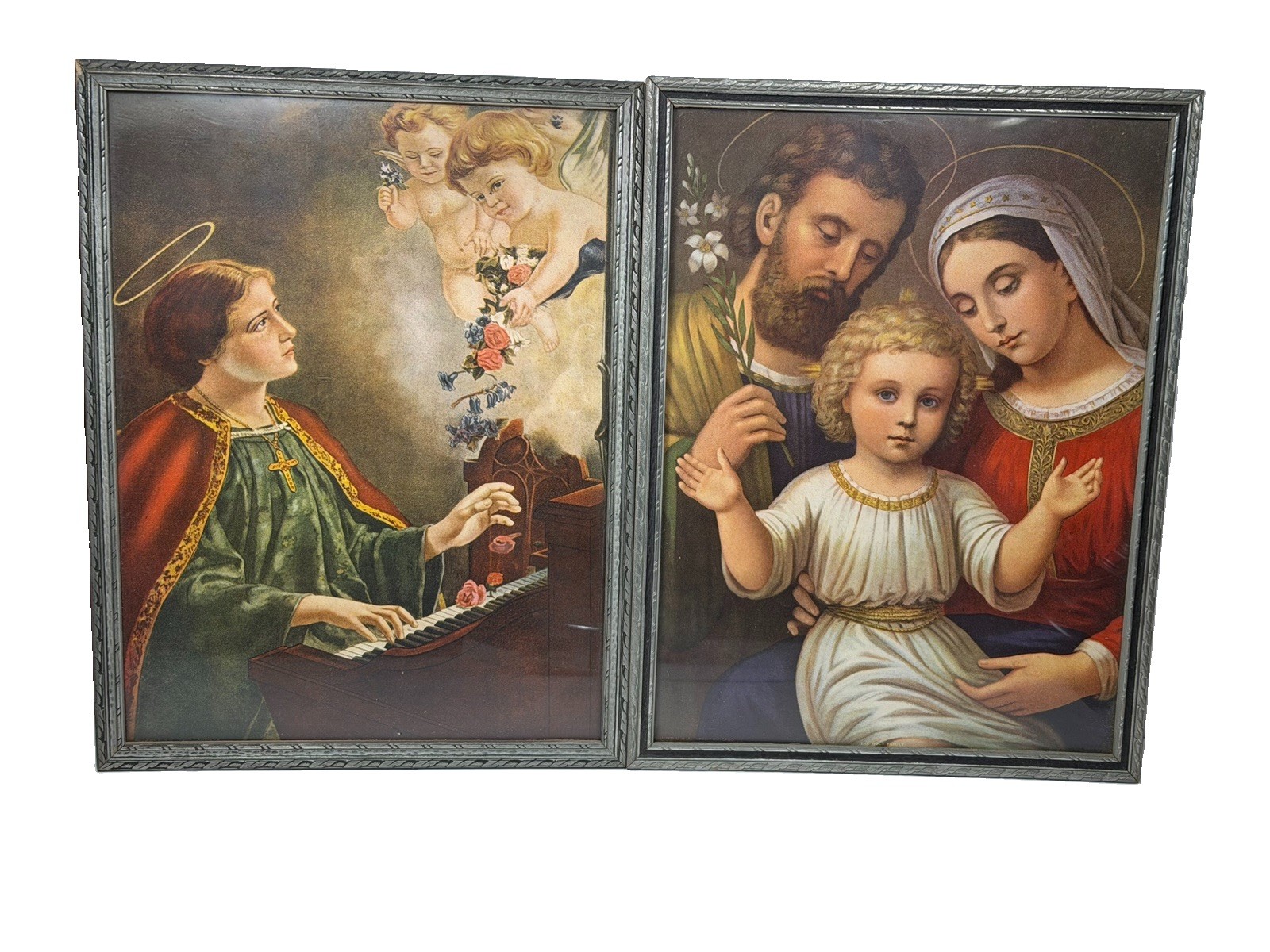 2 Vtg Religious Framed Prints Holy Family Fridolin Leiber St Cecilia Art Pub Co