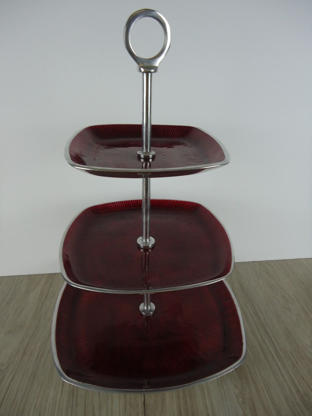 Simply Designz 3 Tiered Serving Tray Cake Stand Red Enamel on Silver Metal MCM