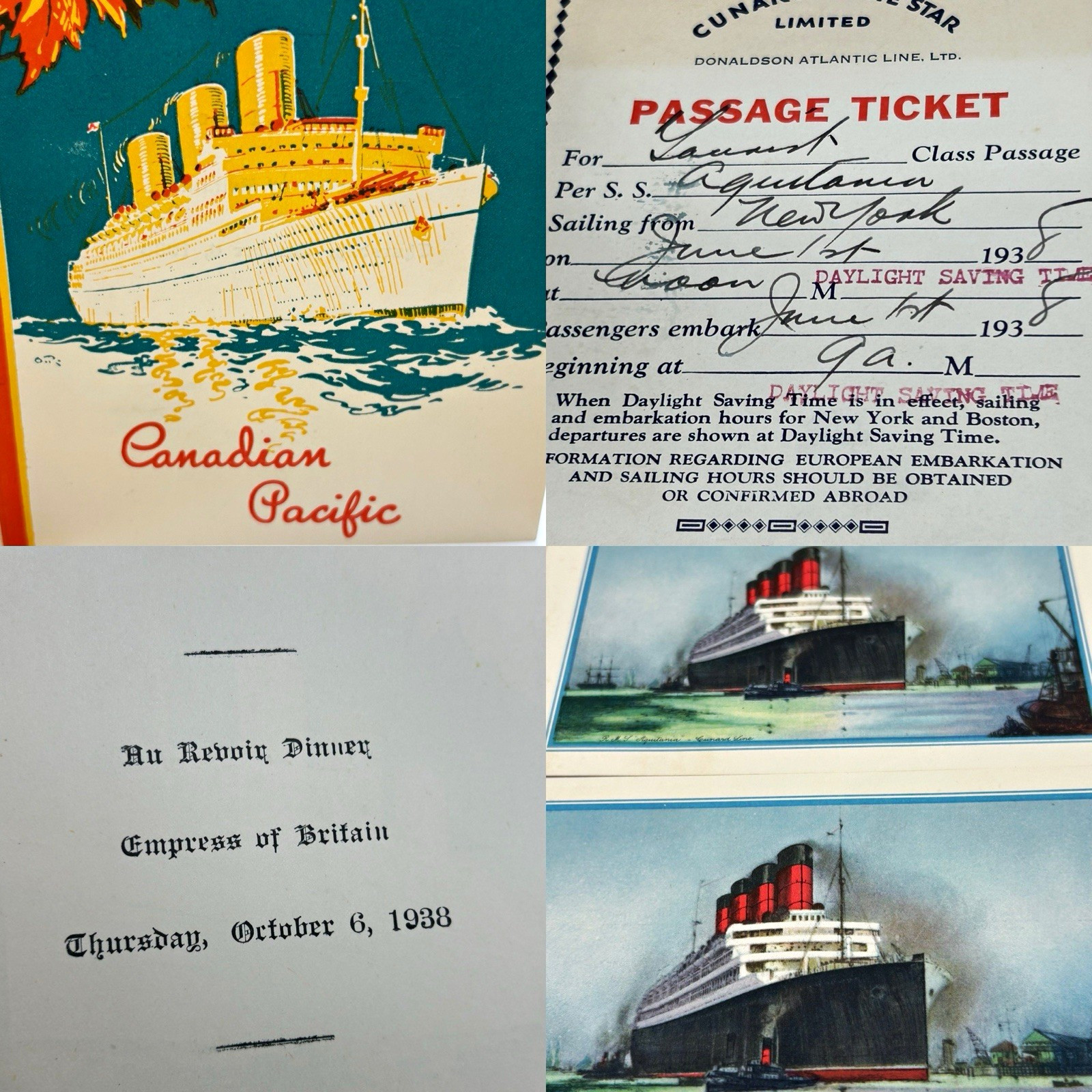 Vintage  Ephemera Southampton Auquitania  Cunard White Star Canadian Pacific
