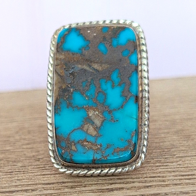Navajo handmade large pilot mt turquoise. 925 silver size 7 1/2
