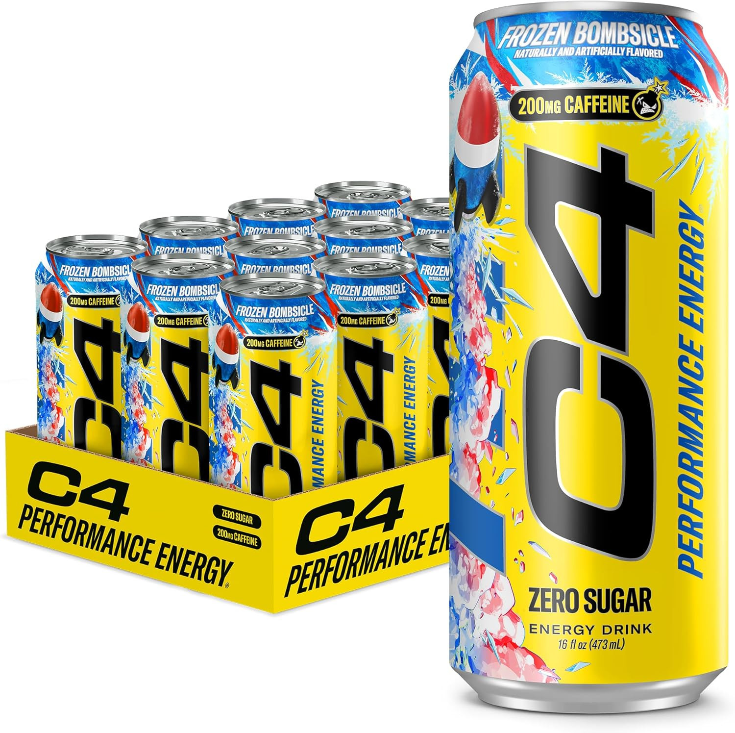 C4 Energy Carbonated Zero Sugar Energy Drink, 200mg Caffeine Frozen Bombsicle, 1