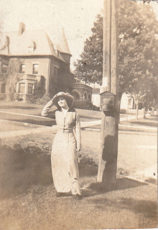 Antique Photo Edwardian Woman Police Call Box Utility Pole Victorian House USA