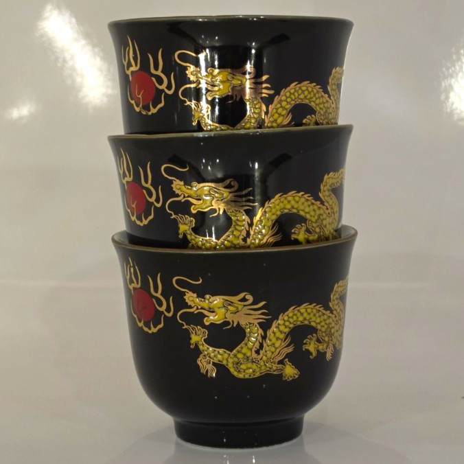 Chinese Shihou Vintage Porcelain Dragon Teacups - Set Of 3 Black Gold Eggshell