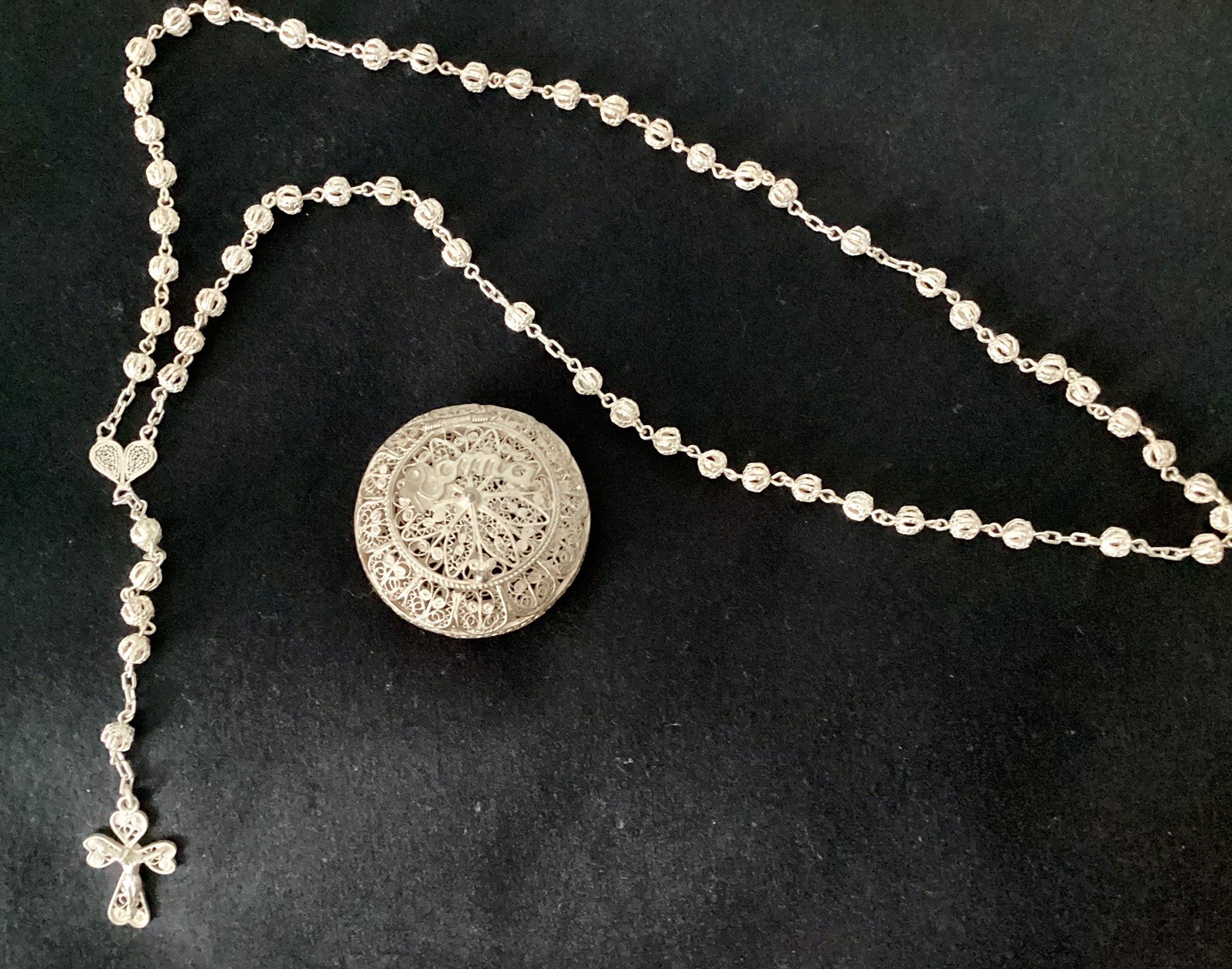 Vintage Italian ROMA Rosary Silver Vermeil Filigree Box