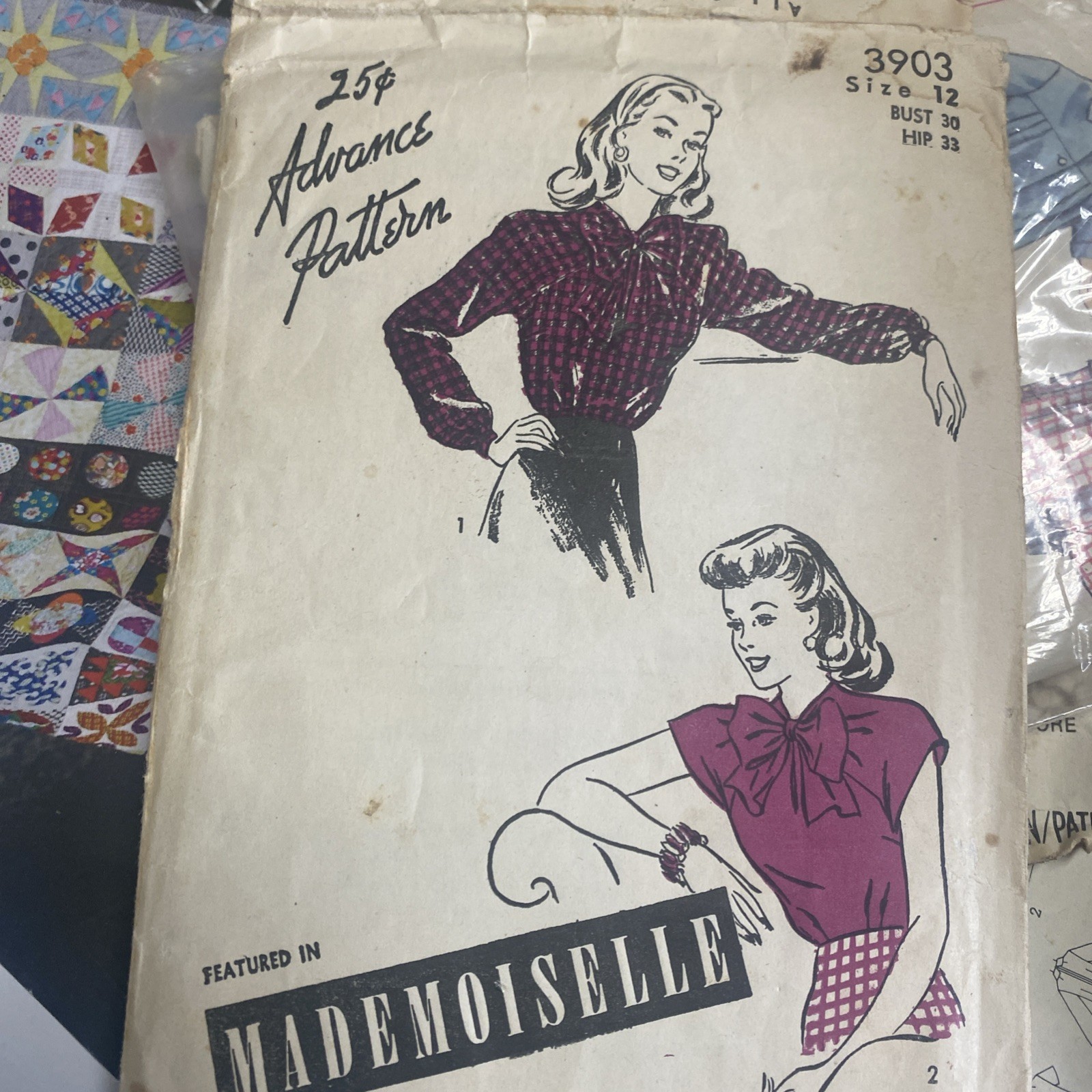 1940s Vintage Advance 3903 12 b 30 Blouse Top Shirt Sewing Pattern
