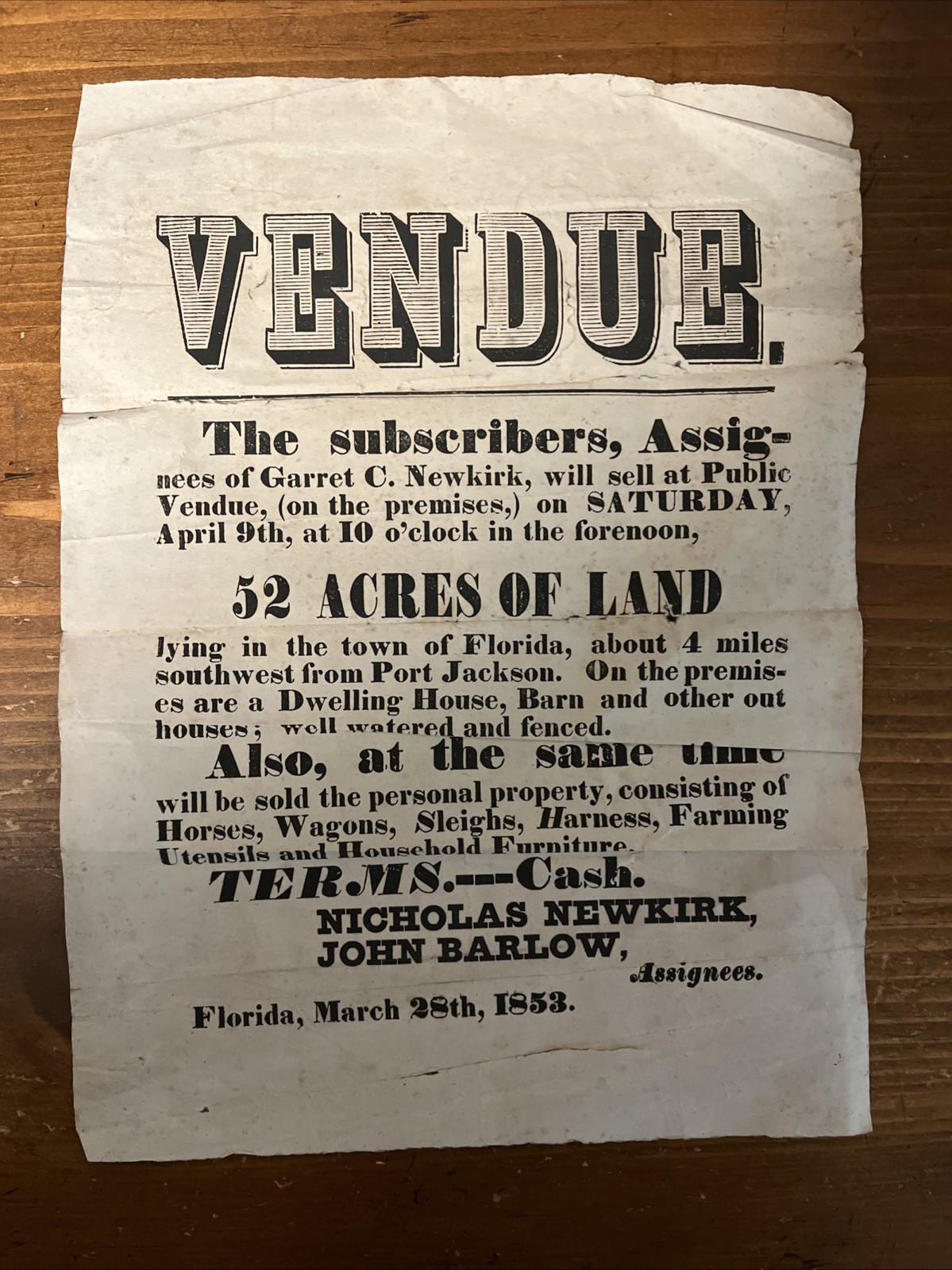 1853 Vendue 52 Acres Of Land; Town Of Florida; Port Jackson; Amsterdam New York