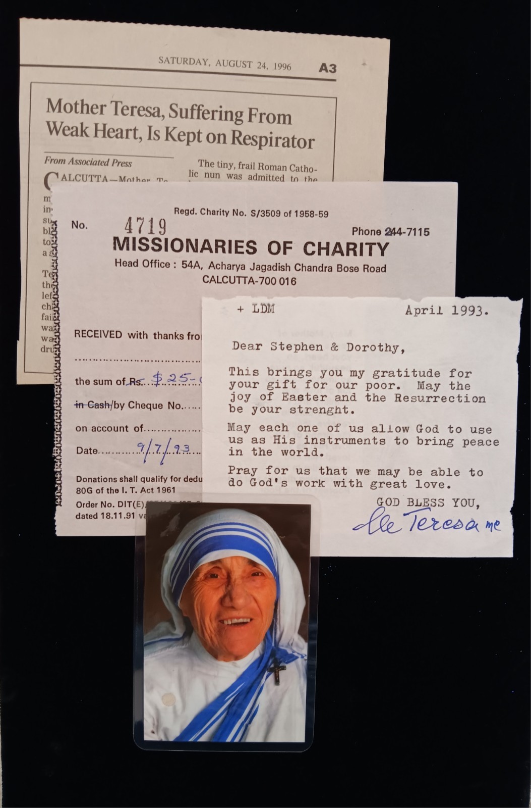 RARE Mother Teresa Signed Autographed Prayer Slip Letter w Receipt & Prayer Card