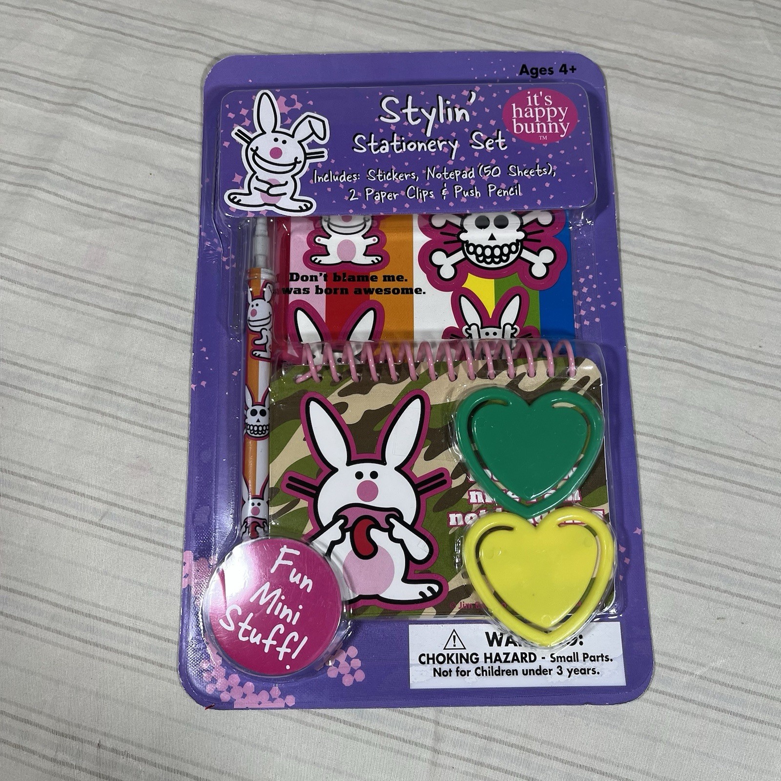 RARE It's Happy Bunny Stationery Set Notebook Pencil Stickers Vintage NEW J1 RARE It's Happy Bunny Stationery Set Notebook Pencil Stickers Vintage NEW J1