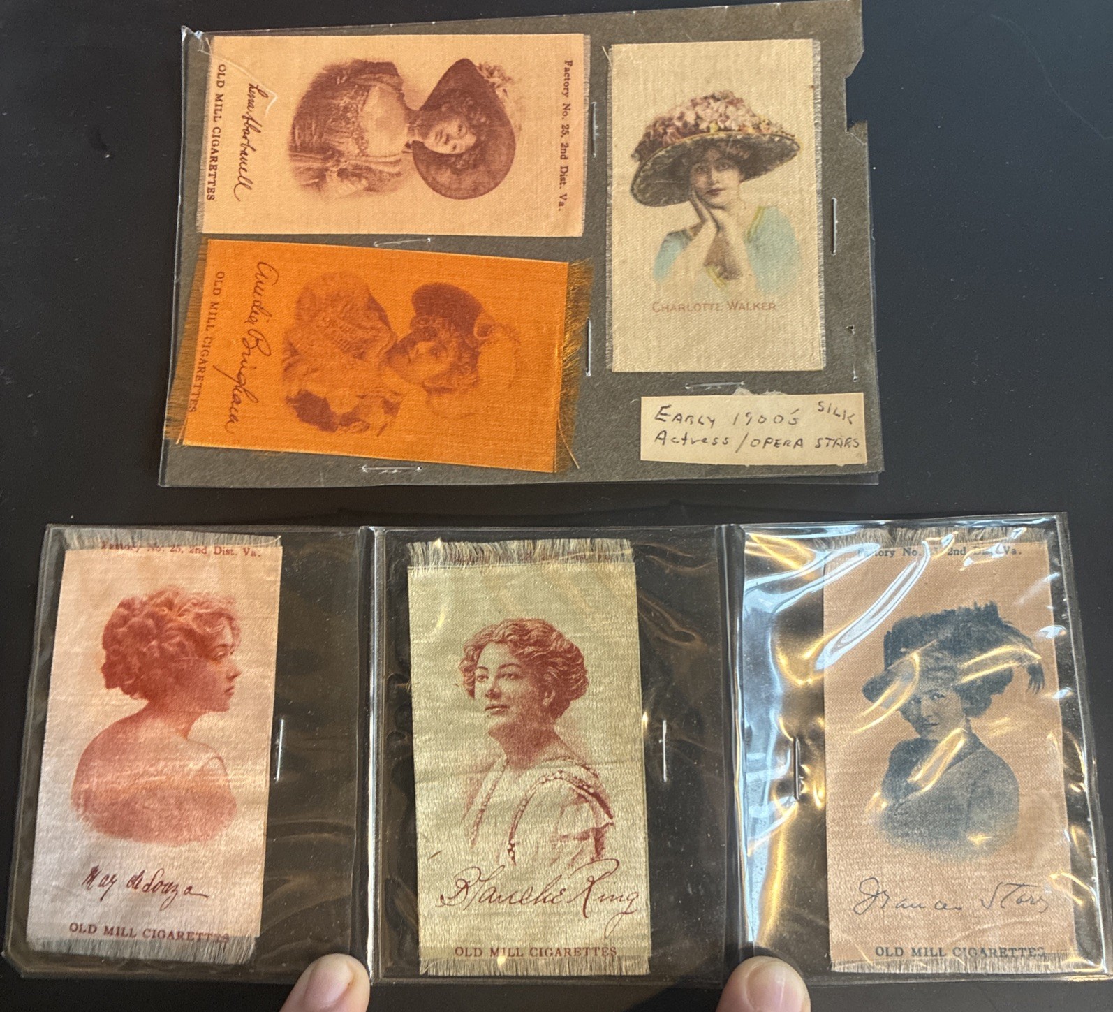 1910’s Old Mill Cigarettes Silk S72 Actresses and Stafe Stage Stars Lot of 6