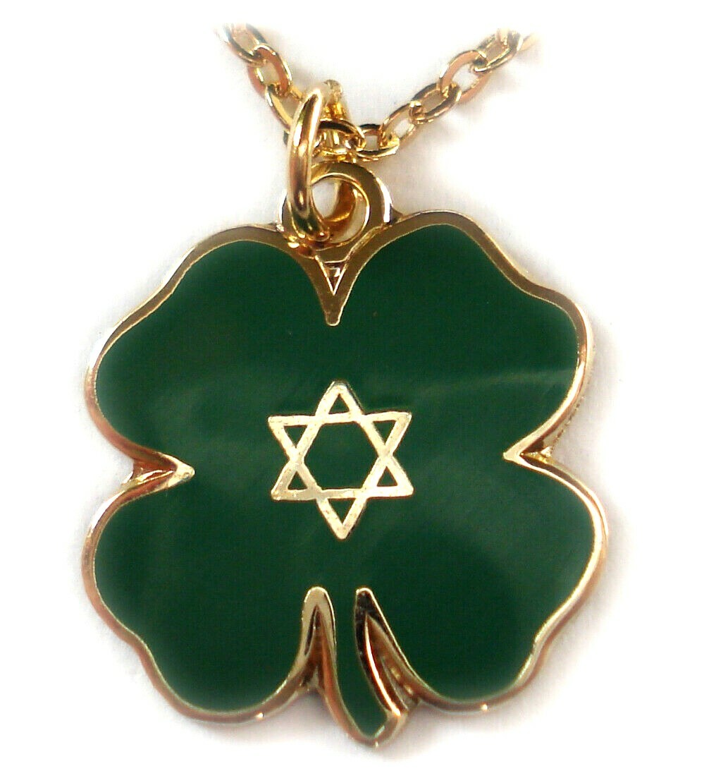 Jewish Lucky Four Leaf Clover Star of David Charm Pendant Necklace w/ Ball Chain