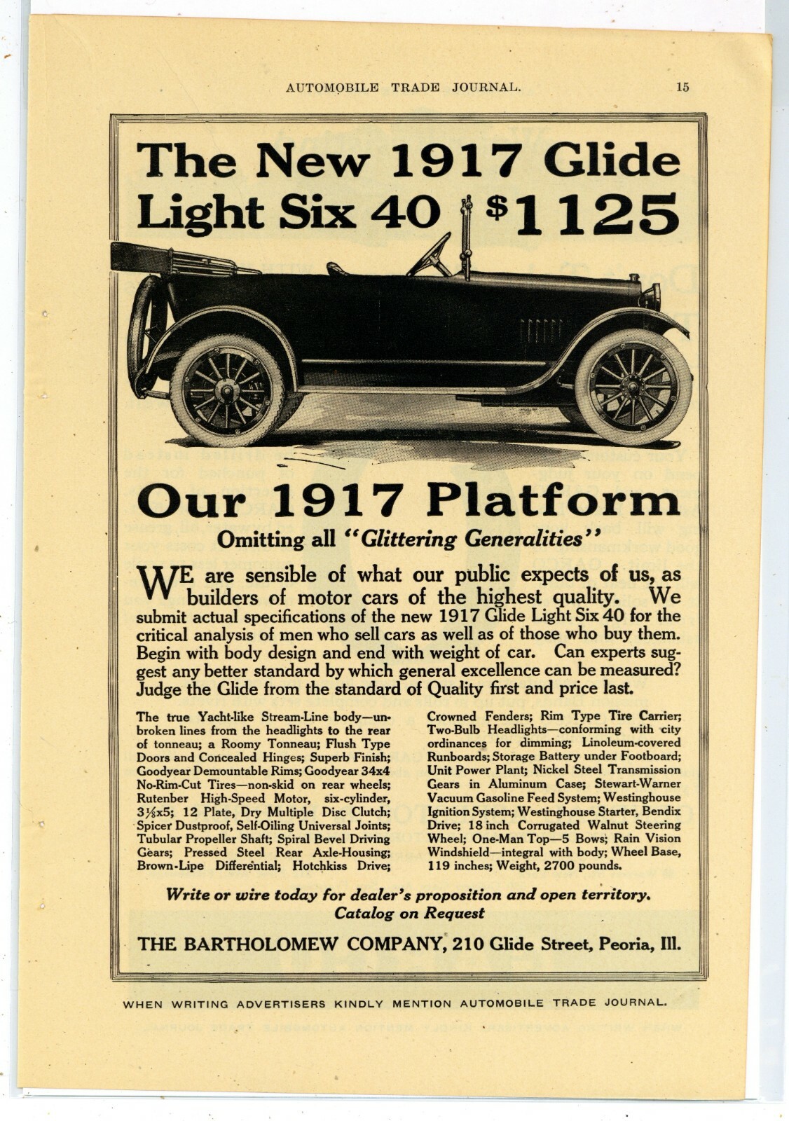 1916 Bartholomew Co. Ad: Glide Light Six Motor Car for 1917 - Peoria, Illinois