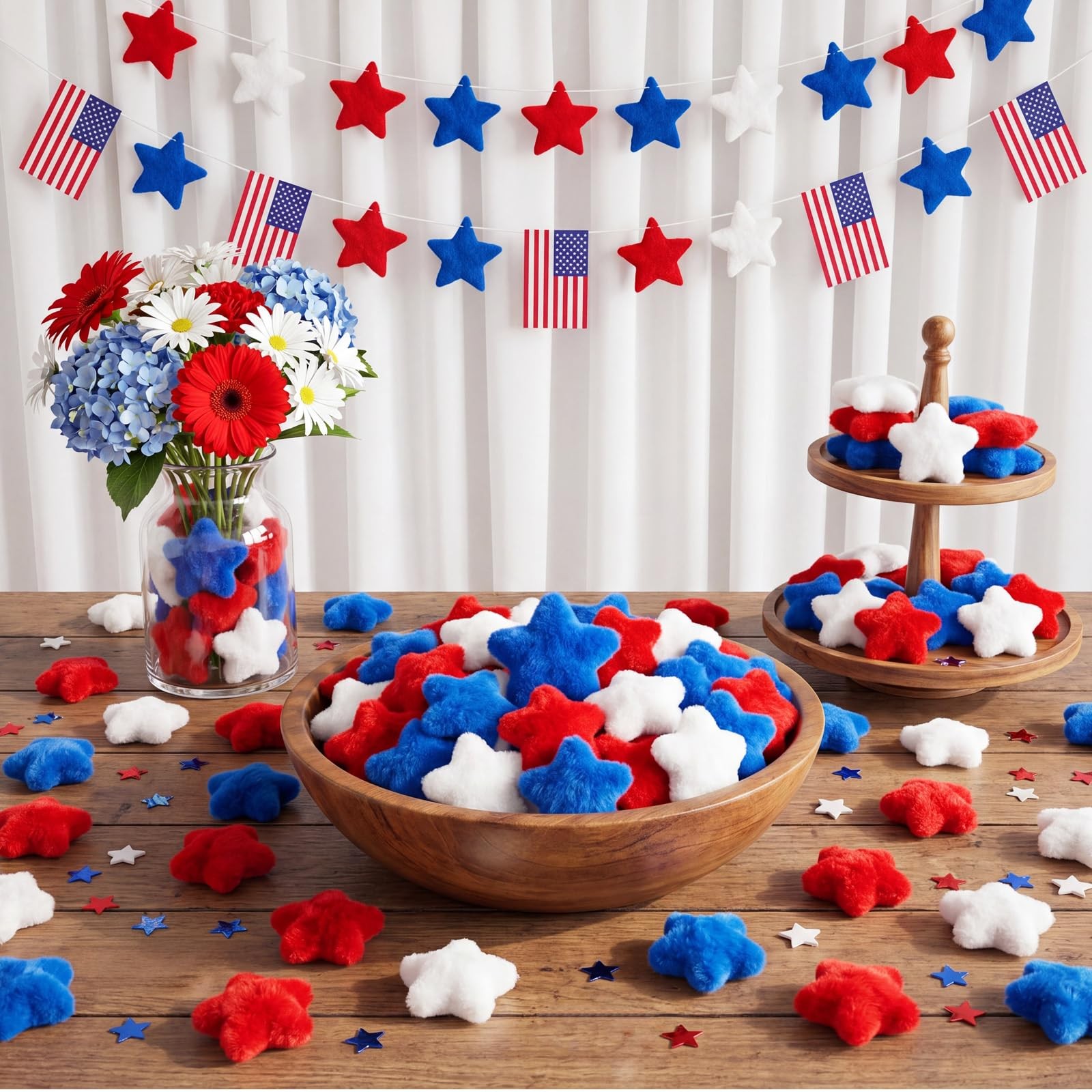 120 Pcs Veterans Day Patriotic Plush Star Decorations Bulk, 1.77 Inches