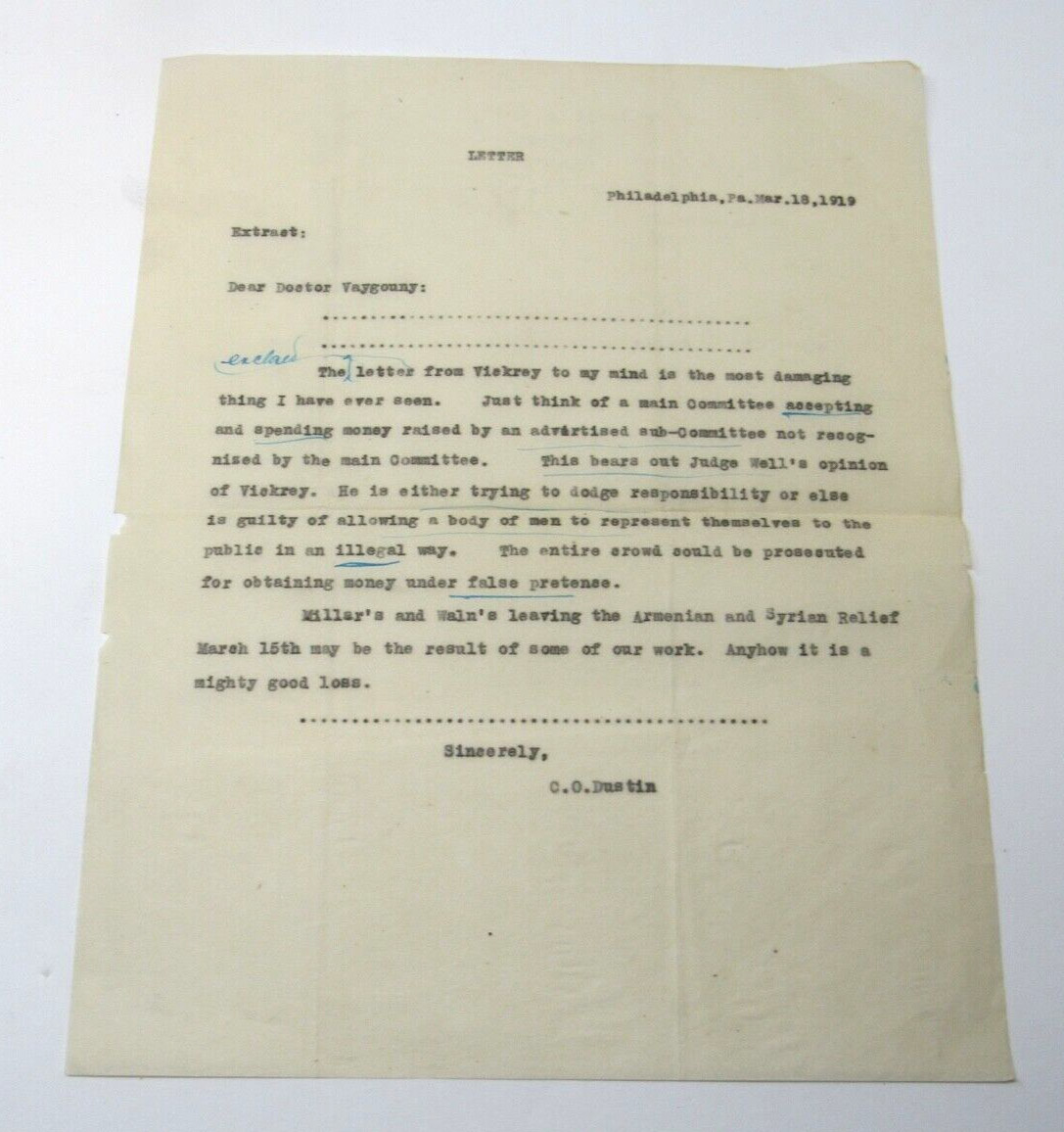 American Committee for Armenian & Syrian Relief 1919 Dispute Letter Philadelphia