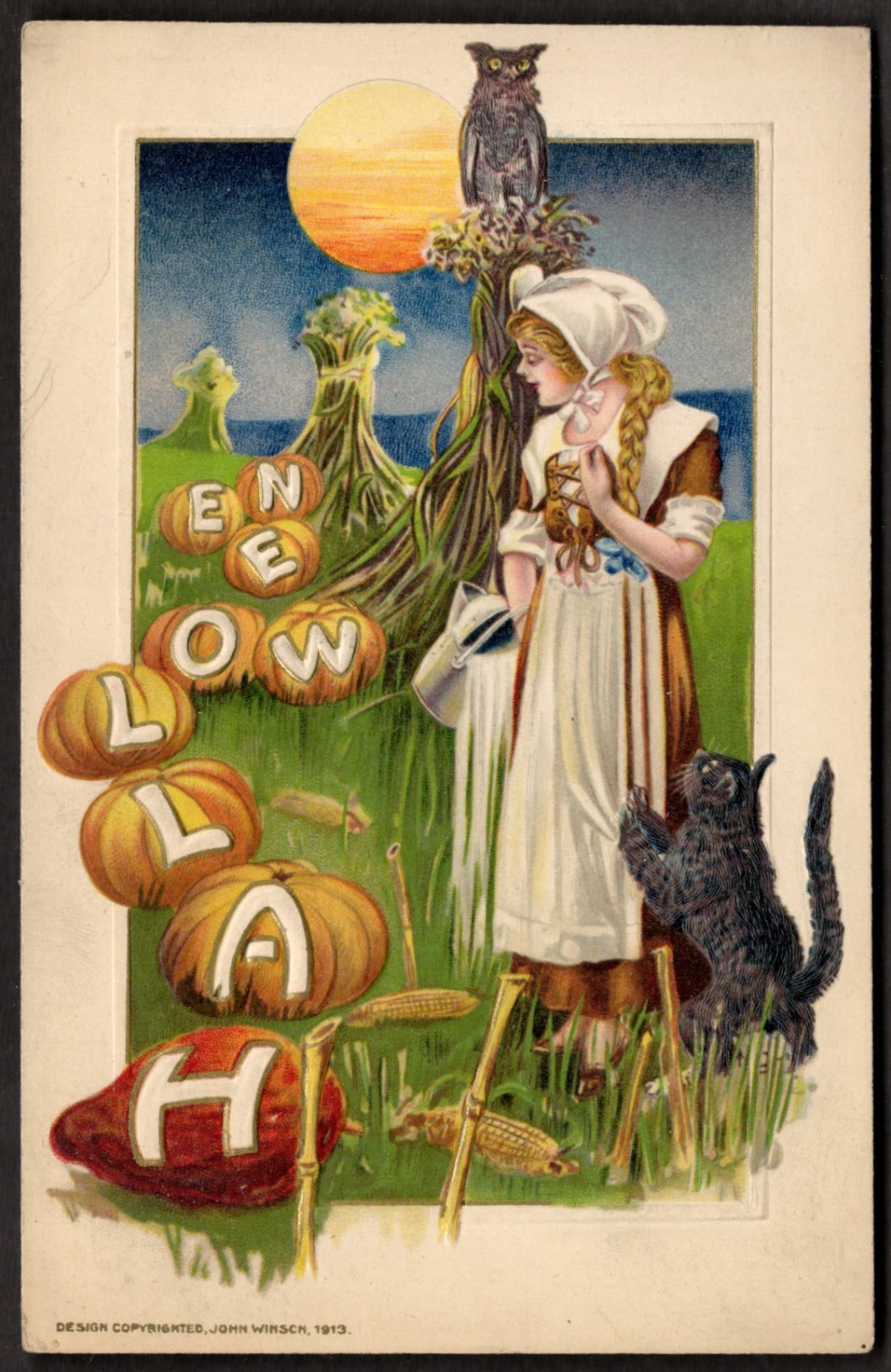 HALLOWEEN Postcard 1913 Embossed SAMUEL SCHMUCKER Harvest Girl Cat Owl by Winsch