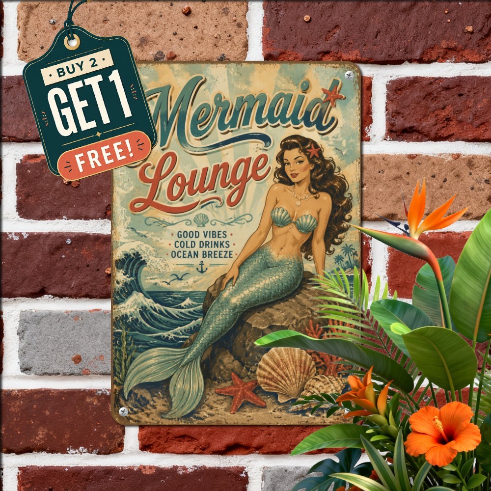 Ocean Mermaid Lounge Beach Bar Seaside Tiki Lounge Decor Metal Tin Sign 8x12
