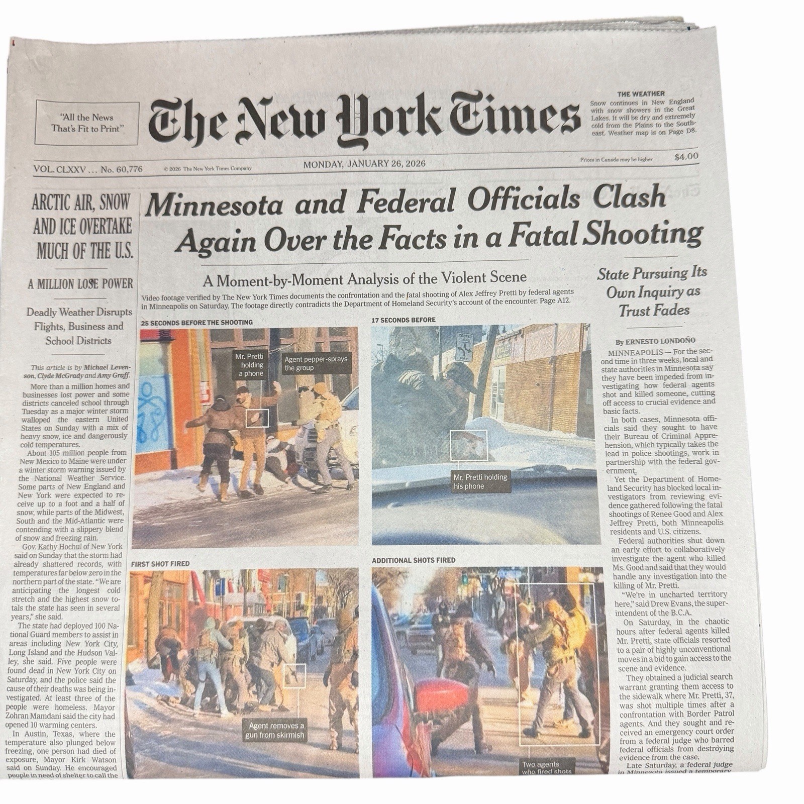 The New York Times Newspaper January 26 2026 Minnesota & Federal Officials Clash