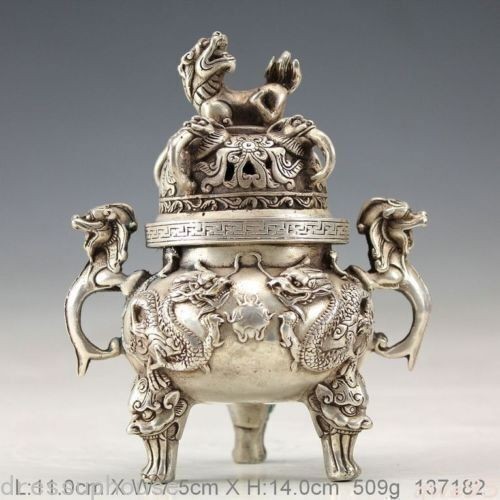 China Oriental Incense Burners Silver Bronze Hand-work Dragon