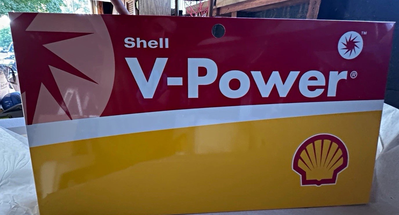 Shell V-Power Gas & Oil Sign Panel Red Yellow White 30.5”w x 17”h  *NOS”