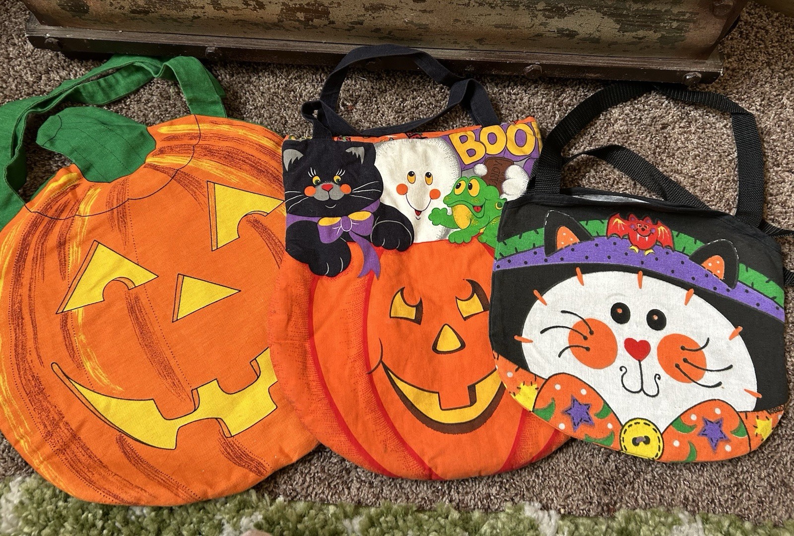 VTG Lot of 3 Fabric Cat Jack O Lantern Ghost Halloween Trick or Treat Candy Bag