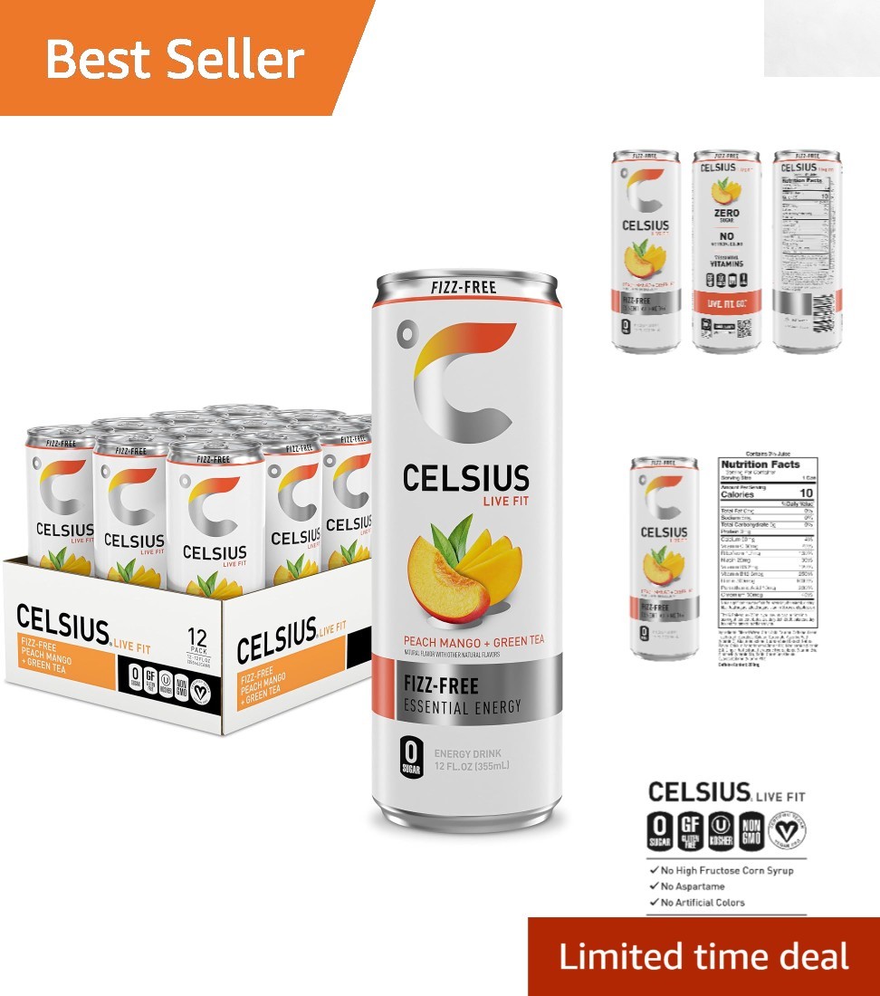 Refreshing Non-Carbonated Peach Mango Green Tea -  Energy Drink, 12 Cans
