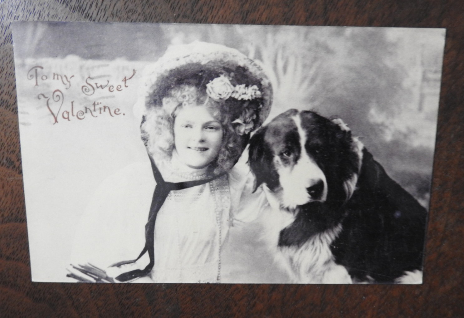1911 FOR MY SWEET VALENTINE Postcard B&W REAL PHOTO? Girl & Dog, Fancy Bonnet