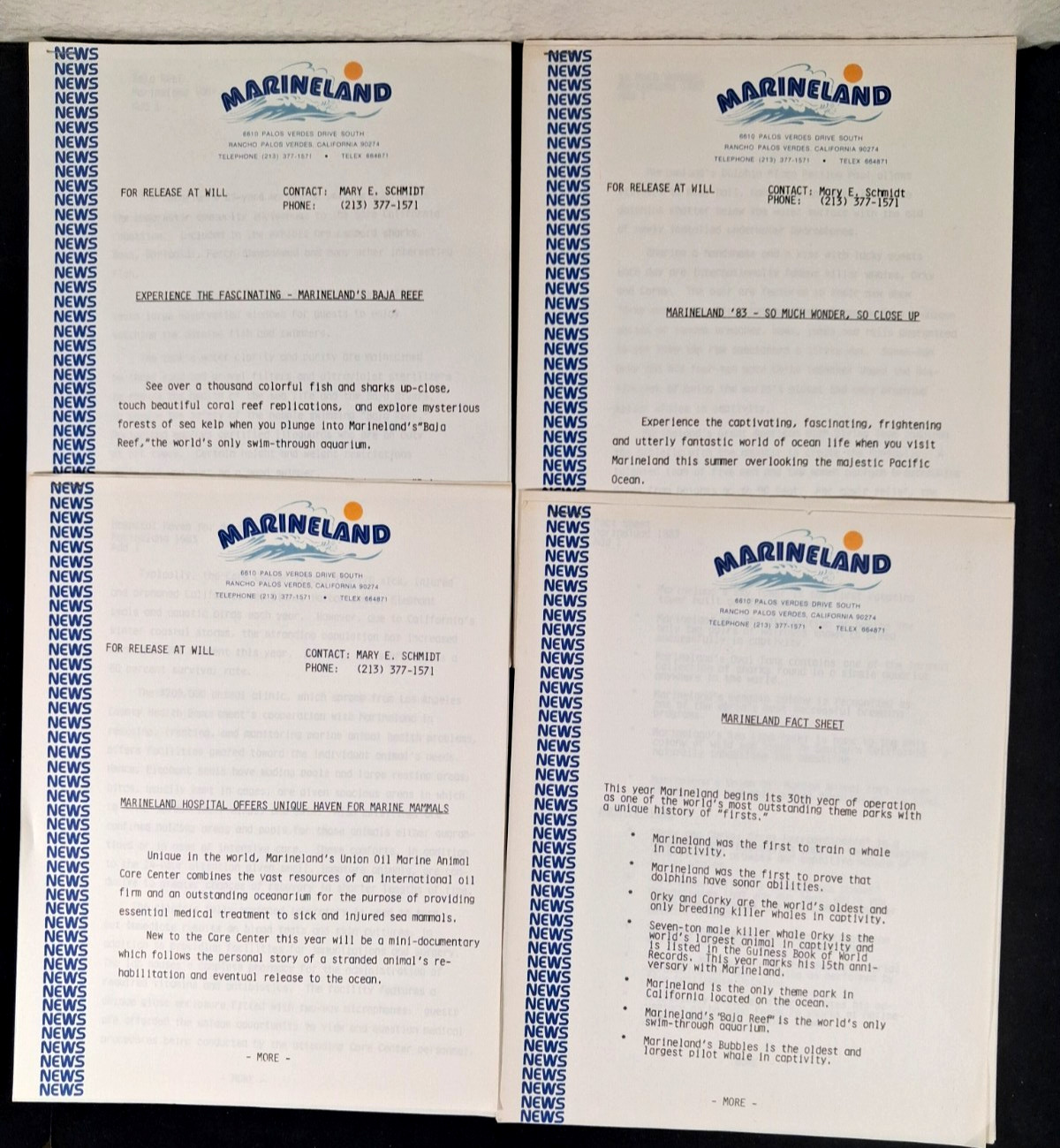 Vintage Marineland Palos Verdes News Letters X4 - 1983 Multiple Pages Each