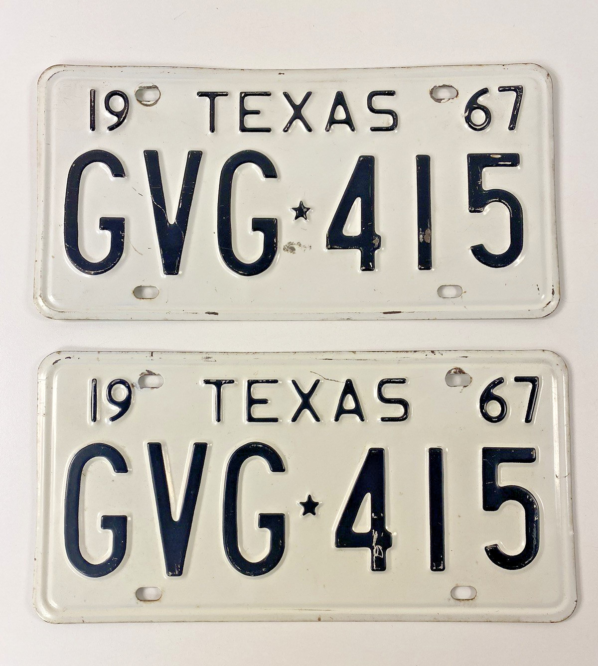 Vintage 1967 Texas License Plate Set AUTO GVG 415 TX DOT DMV Clear OK Star