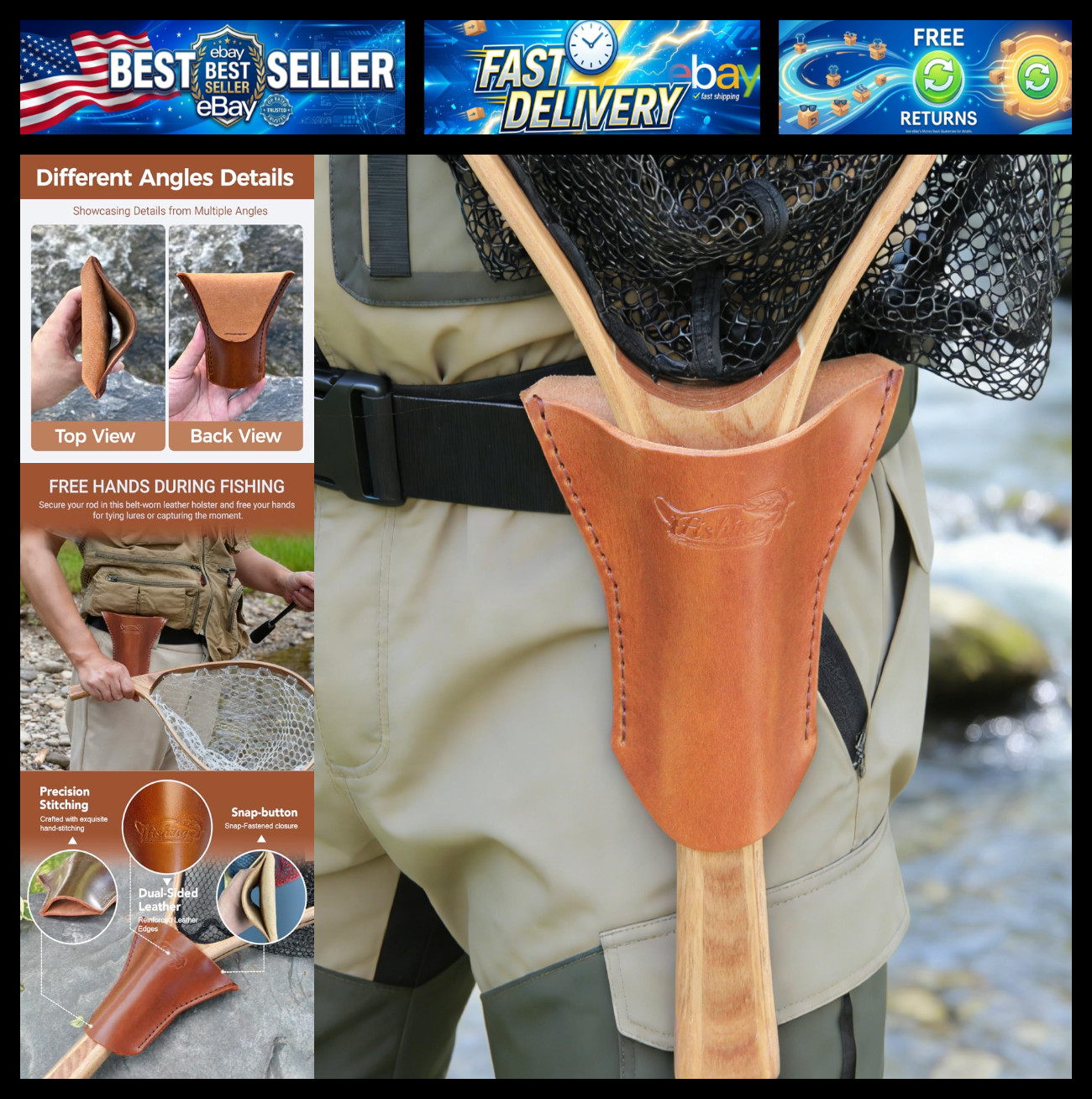 Leather Landing Net Holster | Belt-Mounted Holder for Landing Nets | Waist-Worn